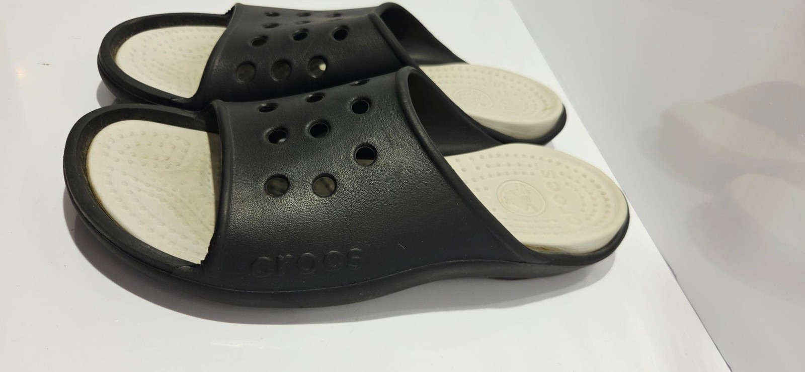 Crocs Baya Slide Sandals in Black/White, Size 13