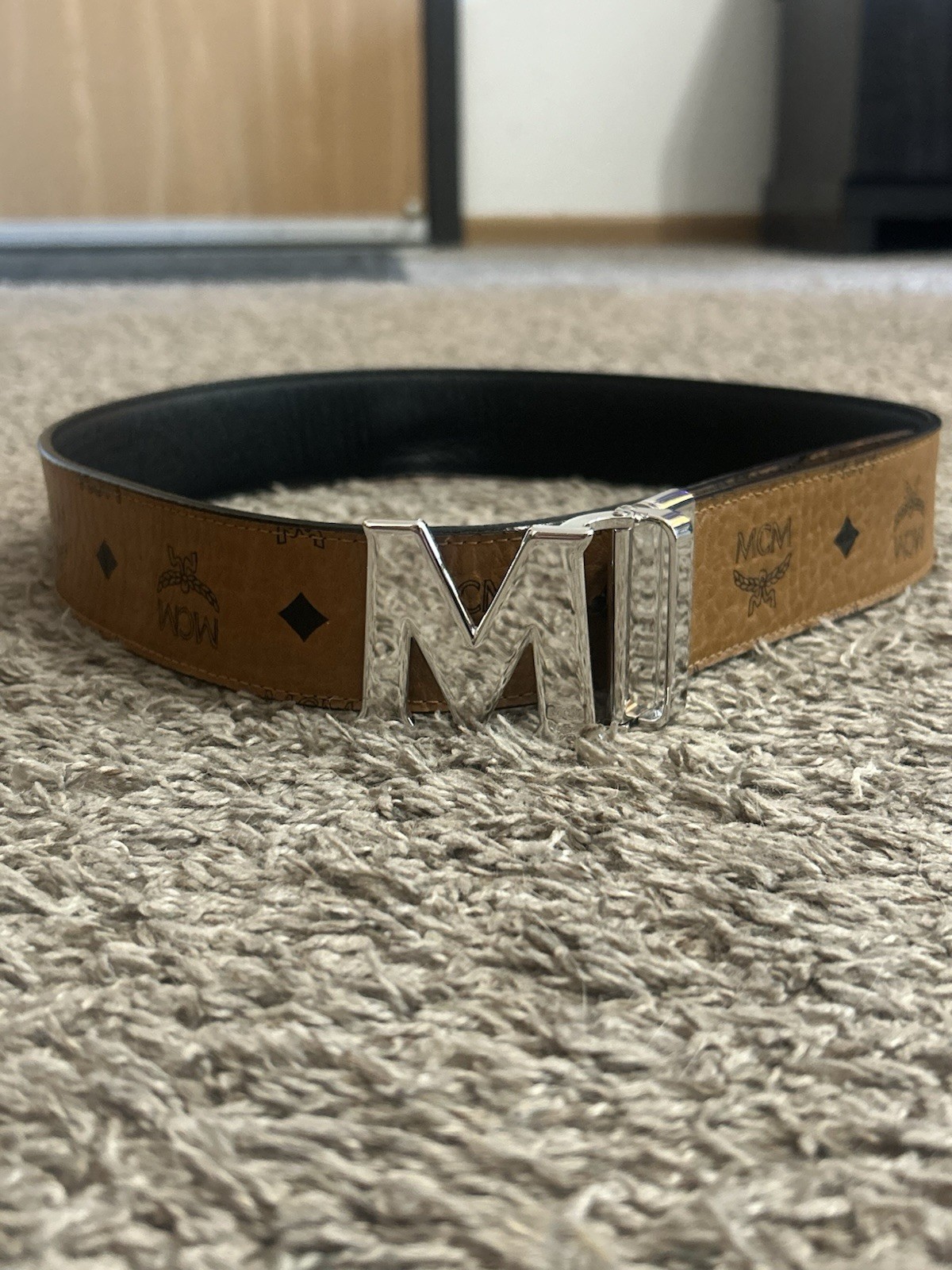 MCM Men’s Reversible Logo Belt Black/Brown Silver-Tone M Buckle 1.5″ *REAL*