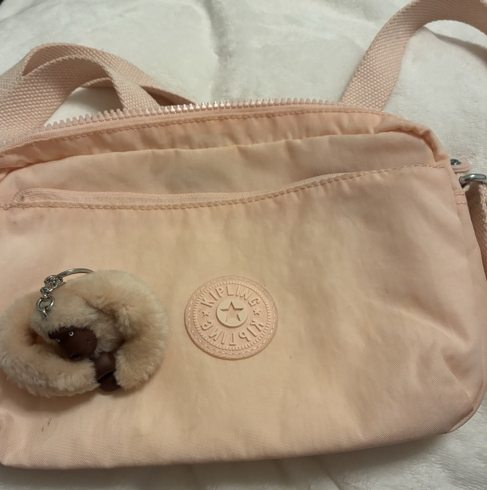 Kipling Small Pink Zip Crossbody Bag Adjustable Strap Monkey Charm Logo
