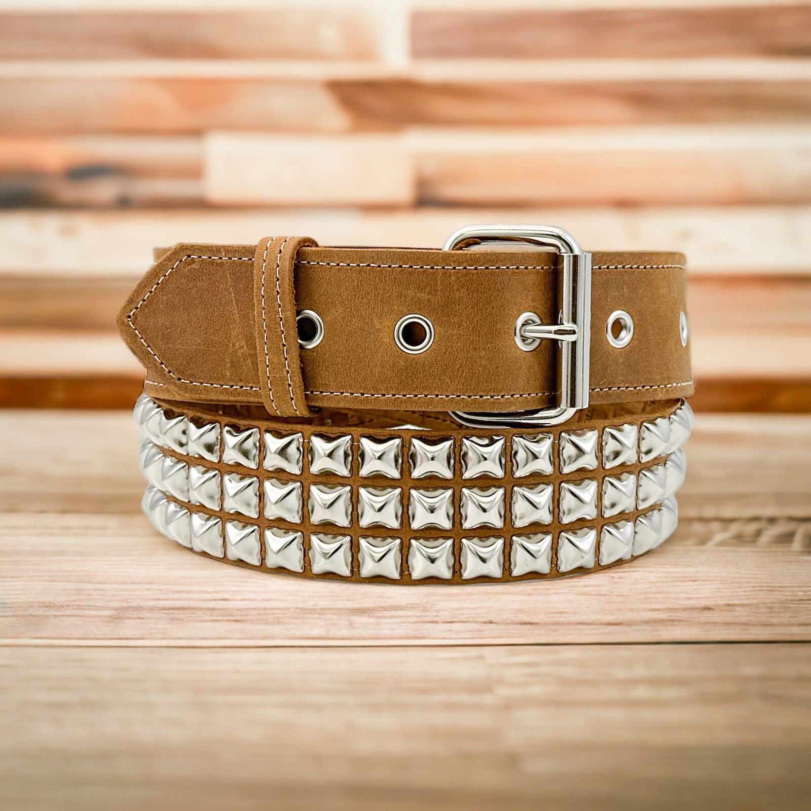 5MM THICK DOUBLE LEATHER 3 ROW STUDDED PUNK ROCK BELT HEAVY DUTY USA MADE