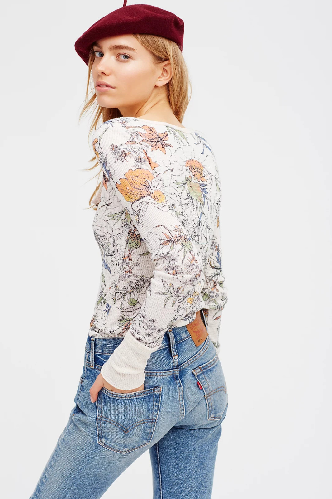 Free People We The Free Size XS Long Sleeve Botanical Floral Davis Thermal Top