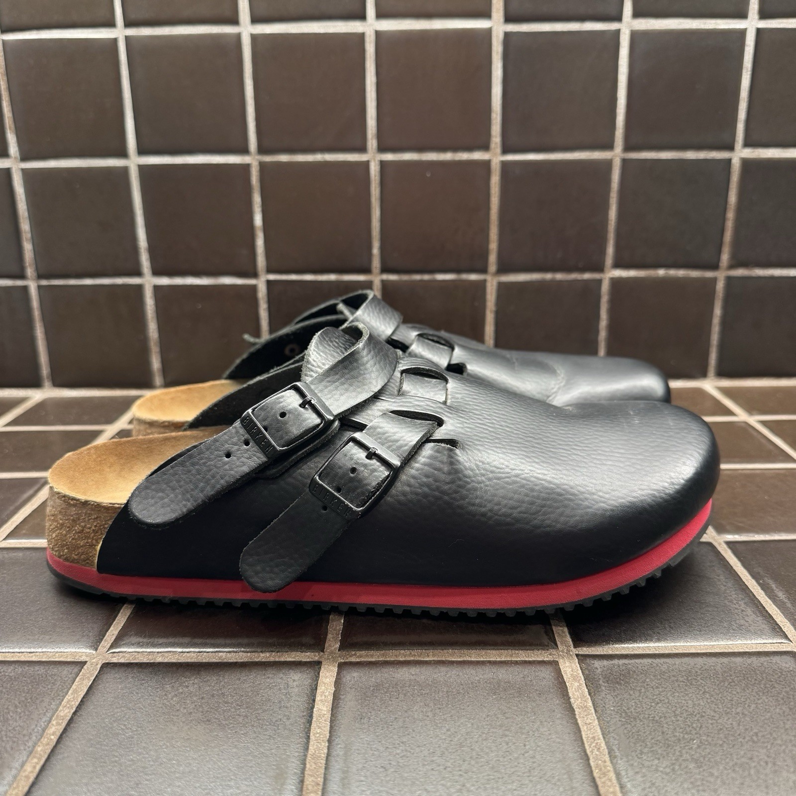 BIRKENSTOCK KAY SL BLACK RED MEDIUM NARROW WIDTH PROFESSIONAL LEATHER SABOT SOFT
