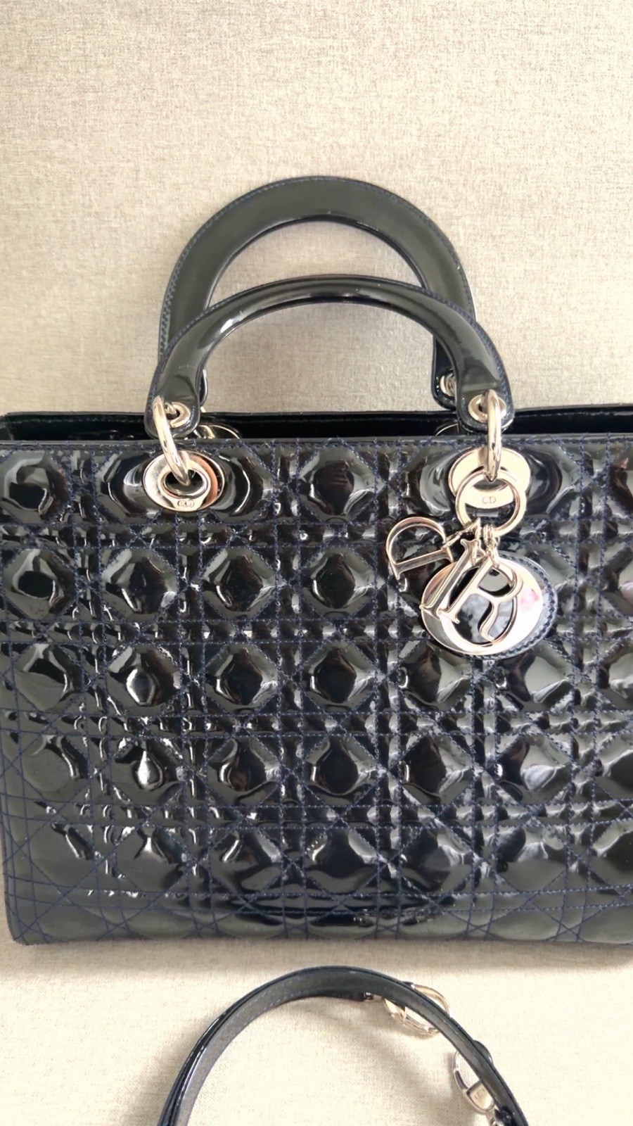 Dior navy blue Patent Lady Dior Satchel with Silver Hardware