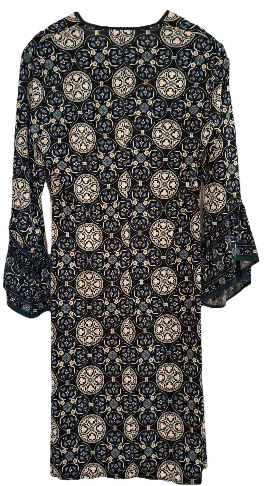 Max Studio Women’s Small Dress U Neckline Long Slv with Flutter Ends Blue Print