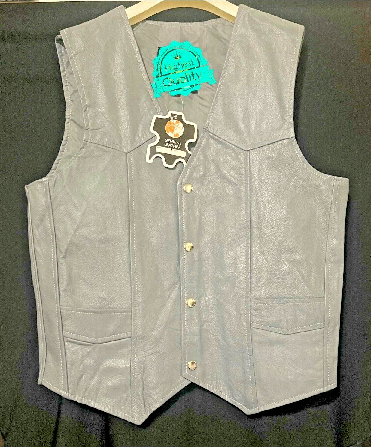 Men’s Grey Genuine Leather Motorcycle Biker Vest XS To 2XL New