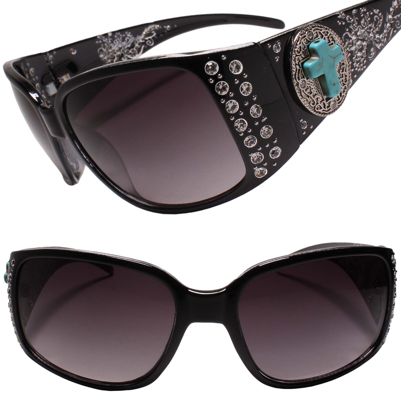 Cross Emblem Rhinestone Western Bling Cowgirl Style Womens Black Sunglasses