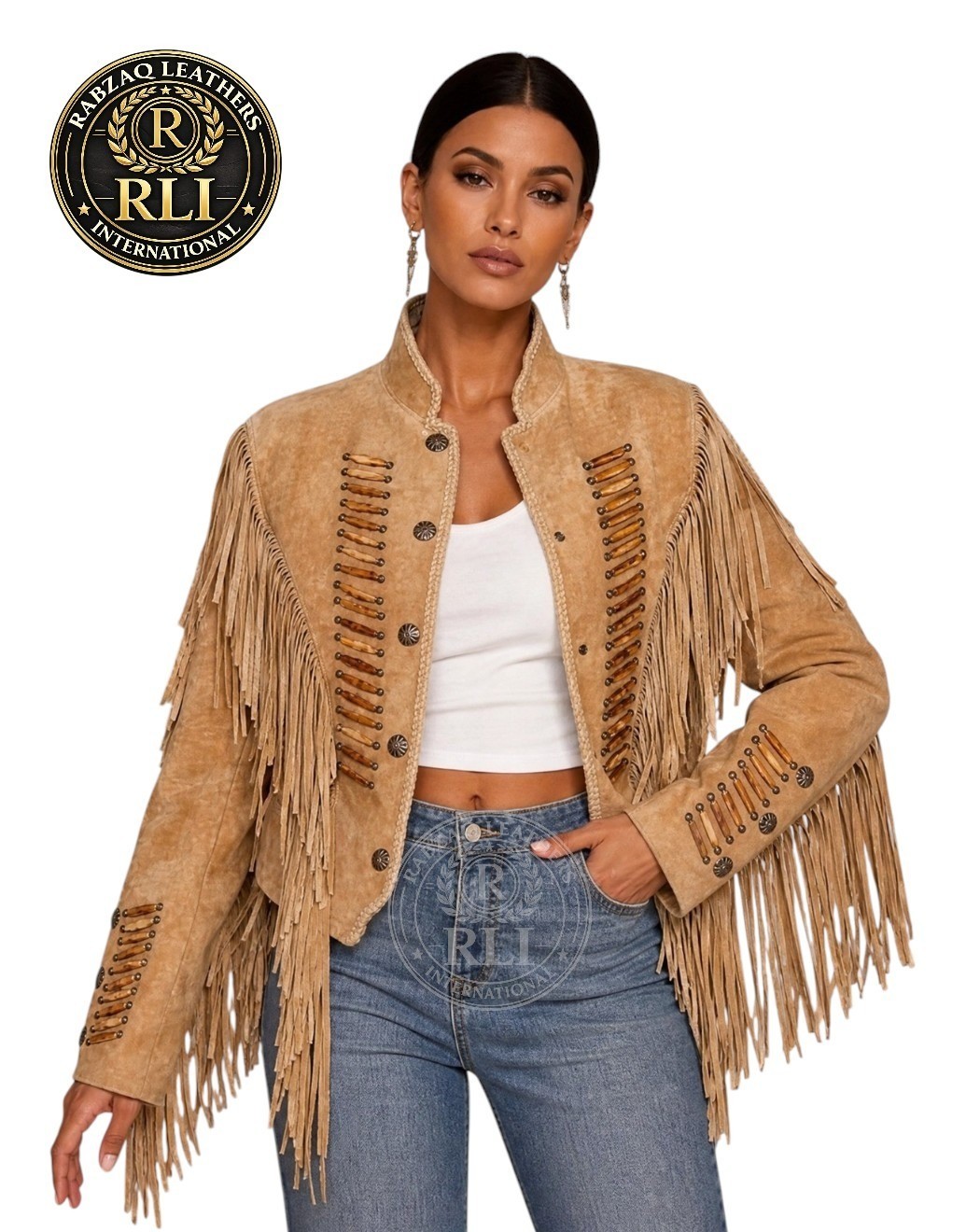 Women Western Suede Leather Fringe Jacket Beaded Cowboy Vintage Coat Tan