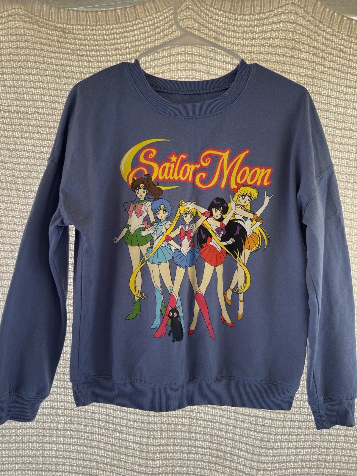 Sailor Moon Women’s S Pullover Knit Sweatshirt Blue Graphic Anime Polyester