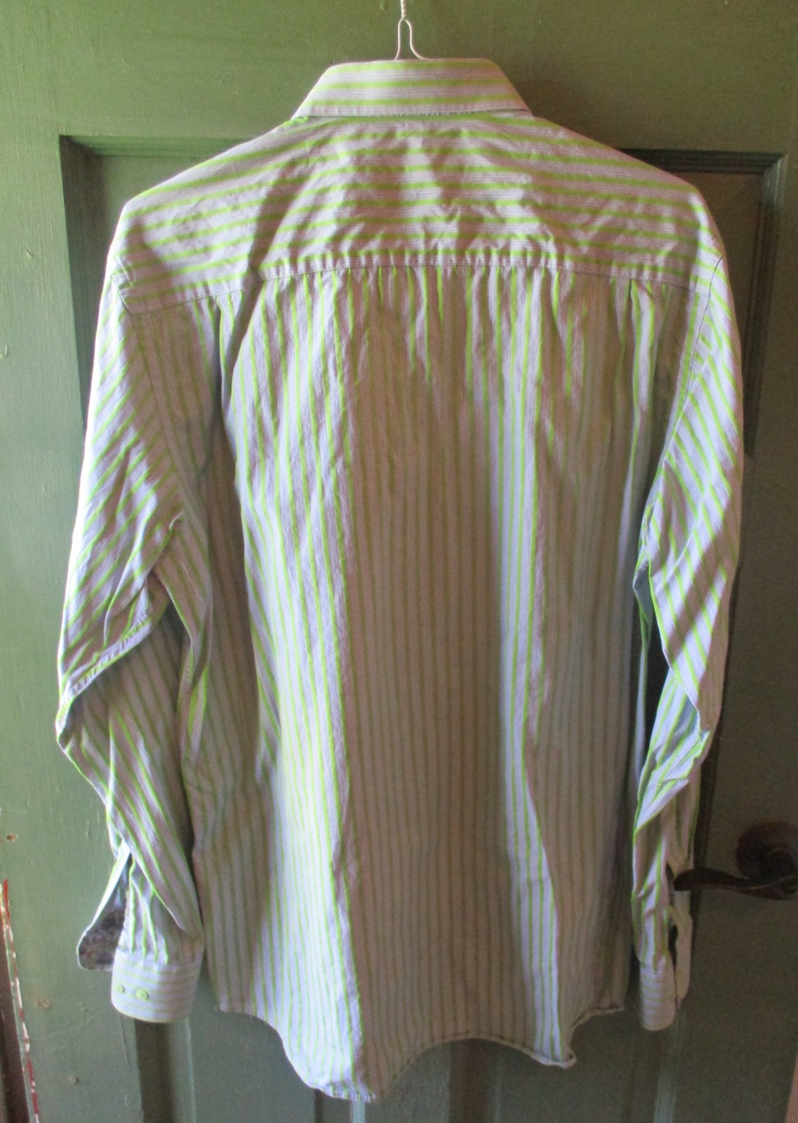 Visconti Black Neon Green, White & Blue Striped Long Sleeved Dress Shirt Sz. XL