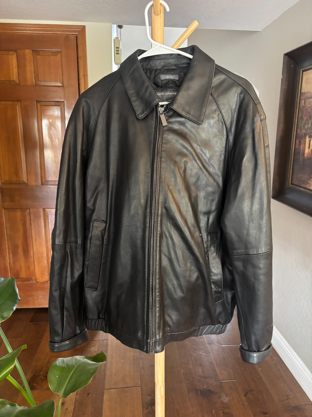 Perry Ellis Portfolio Men’s L Black Lambskin Leather Jacket Zip Bomber Quilted L