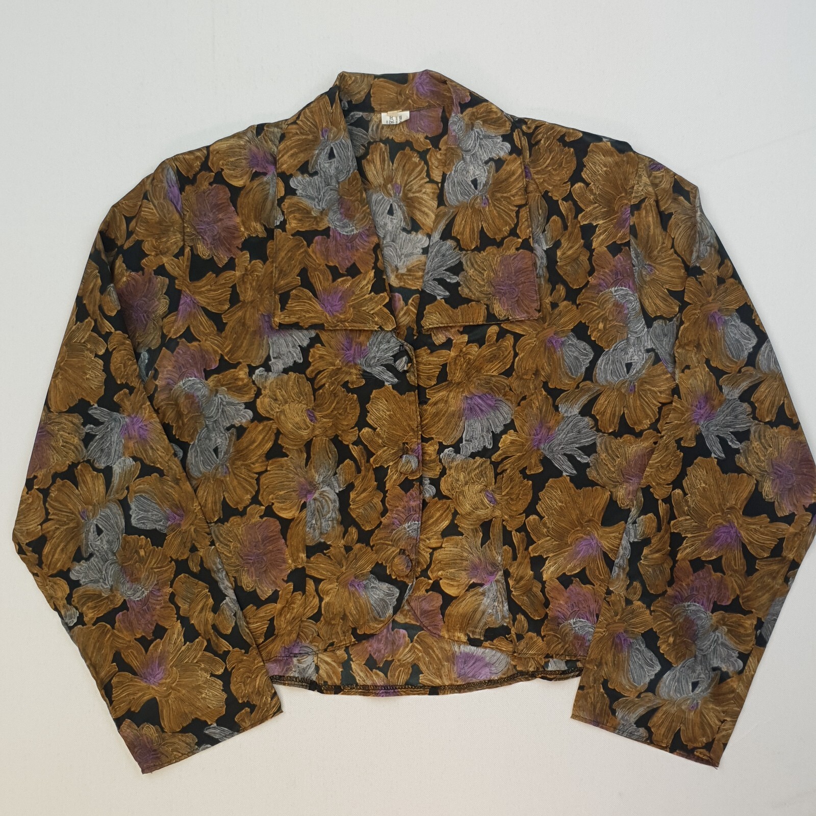RETRO Vintage Shirt Shoulder Pads Cropped 80 90s Women Blouse 14 Black Polyester
