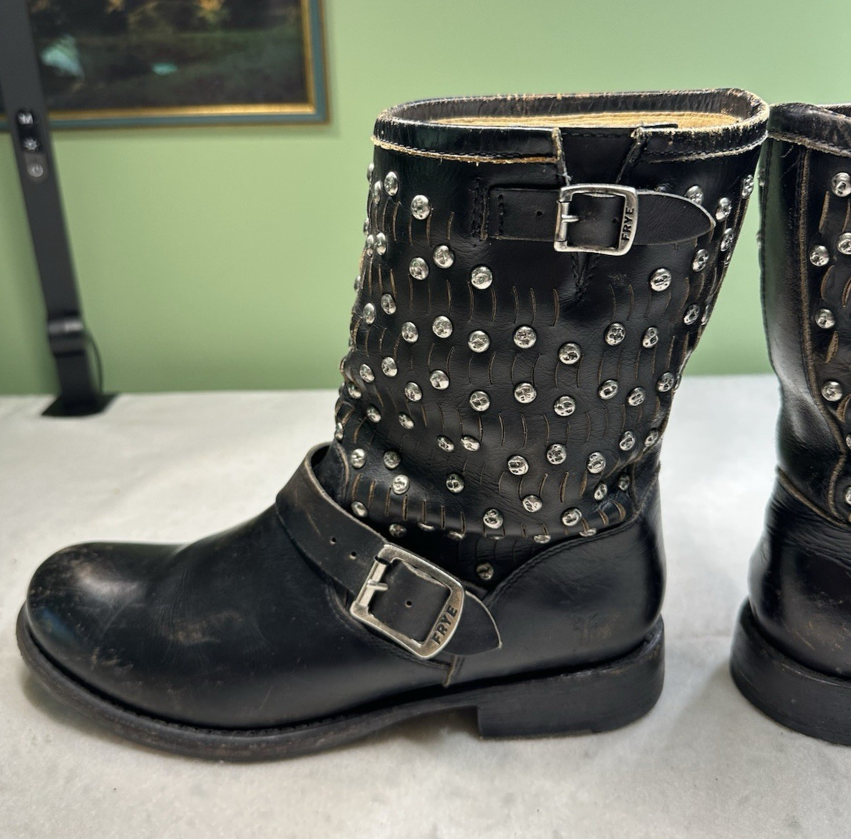 Frye Jenna Cut Stud Short Moto Boots Wms Size 9.5B, Retail $428 Distressed Black