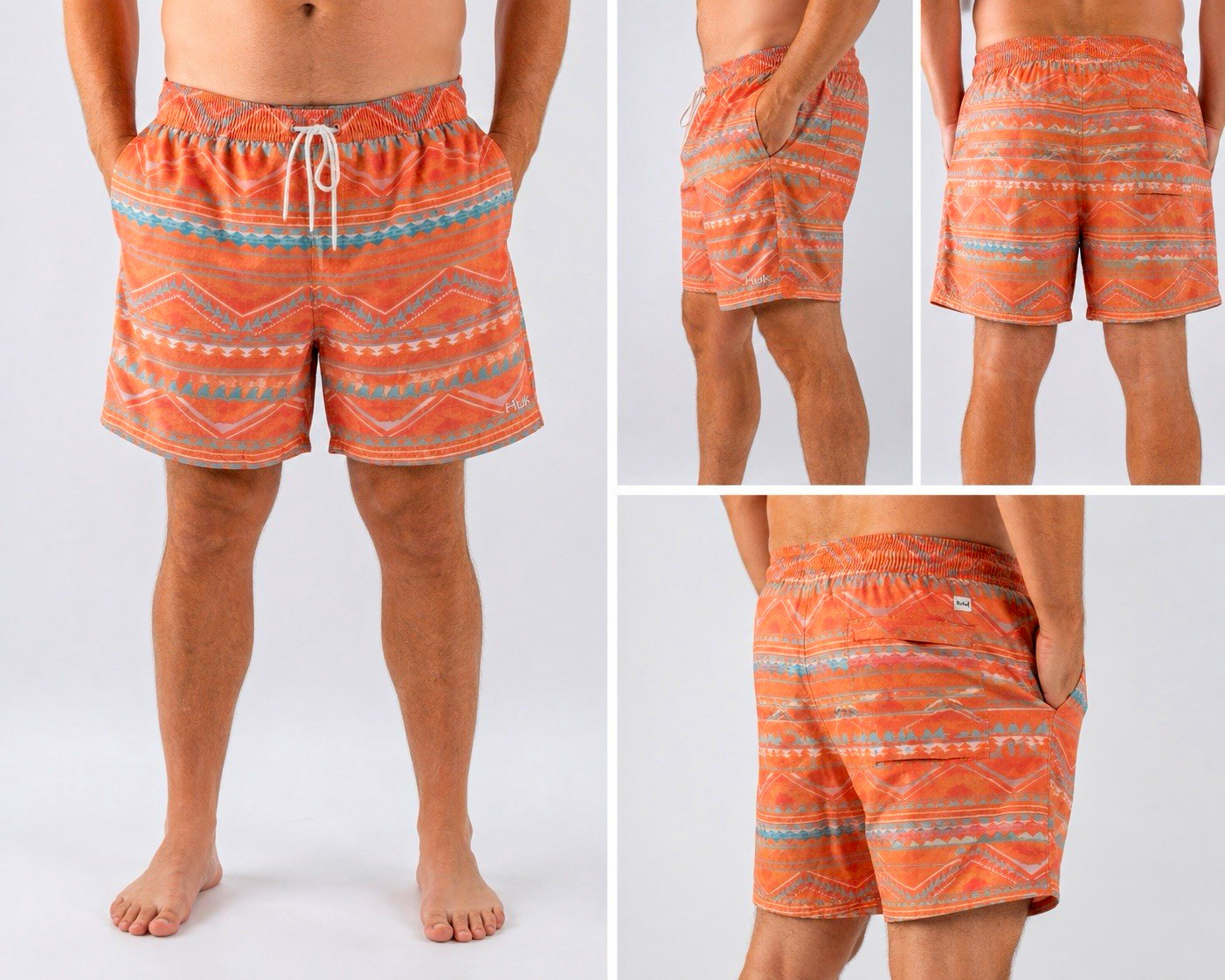 Huk Men’s XXL Orange/Blue/White Geometric Swim Trunks Mesh Lined Pockets