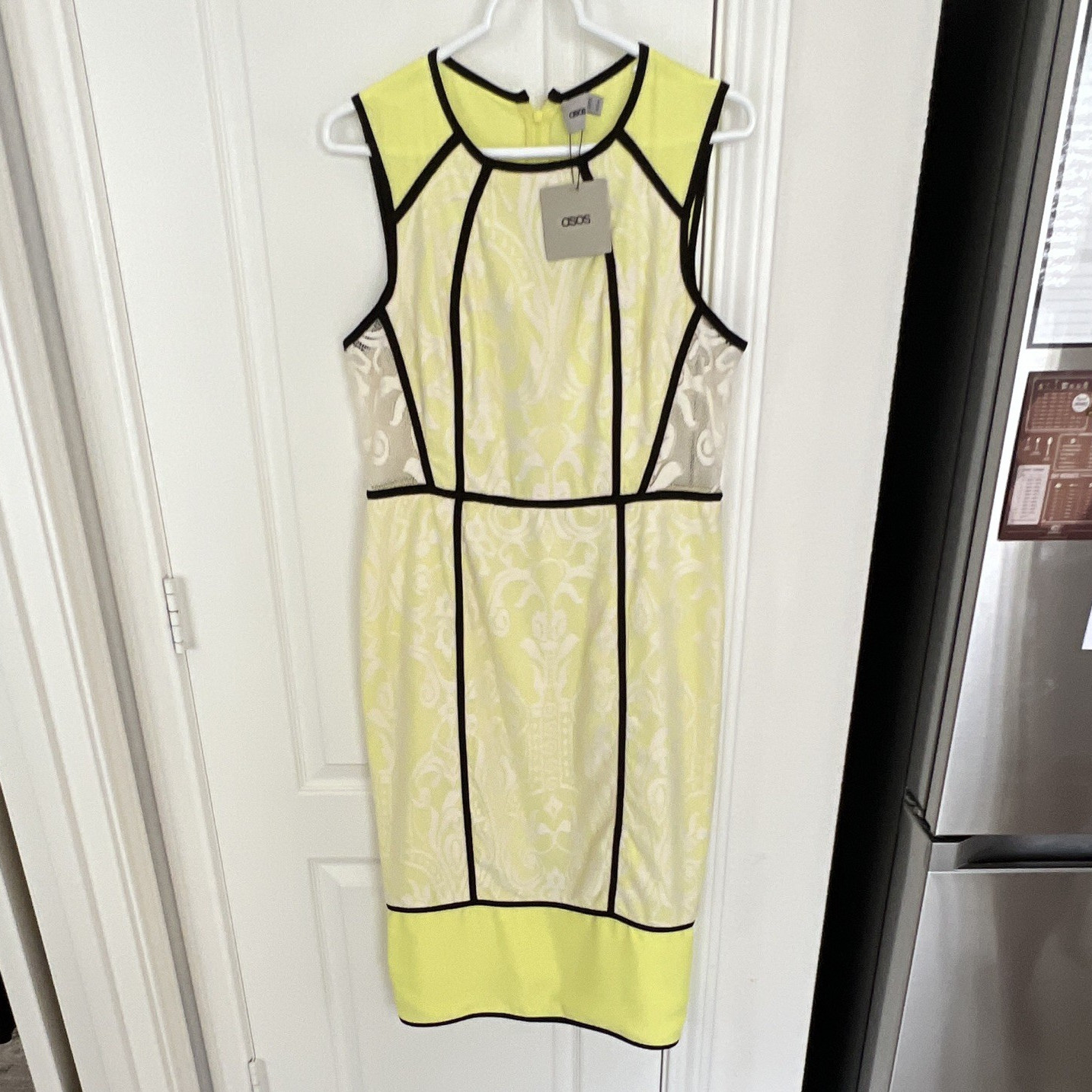 NWT ASOS Dress 12 / 16 Yellow Lace Pencil Bodycon Black Trim Sleeveless Party US