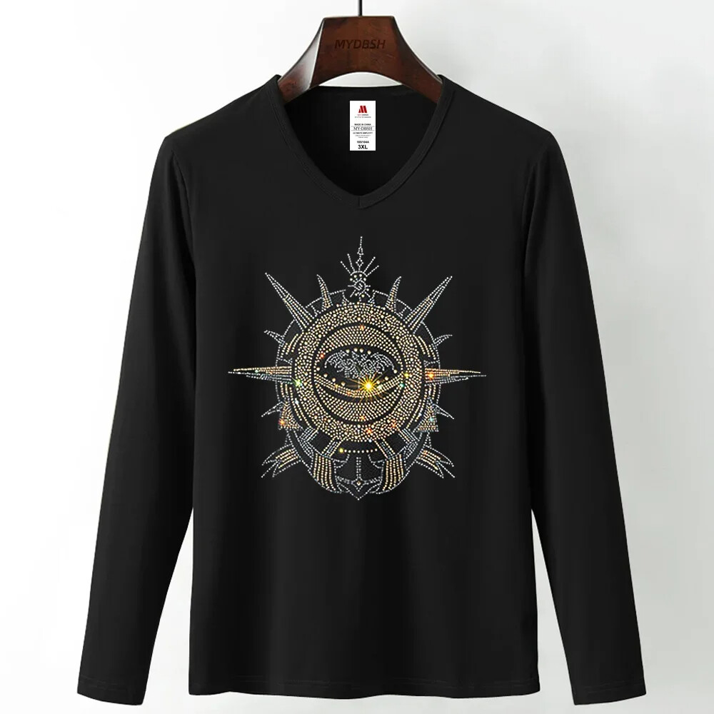 Fashion Trend Stone Rhinestones Streetwear Long Sleeve Luxury Men V-Neck T-Shirt