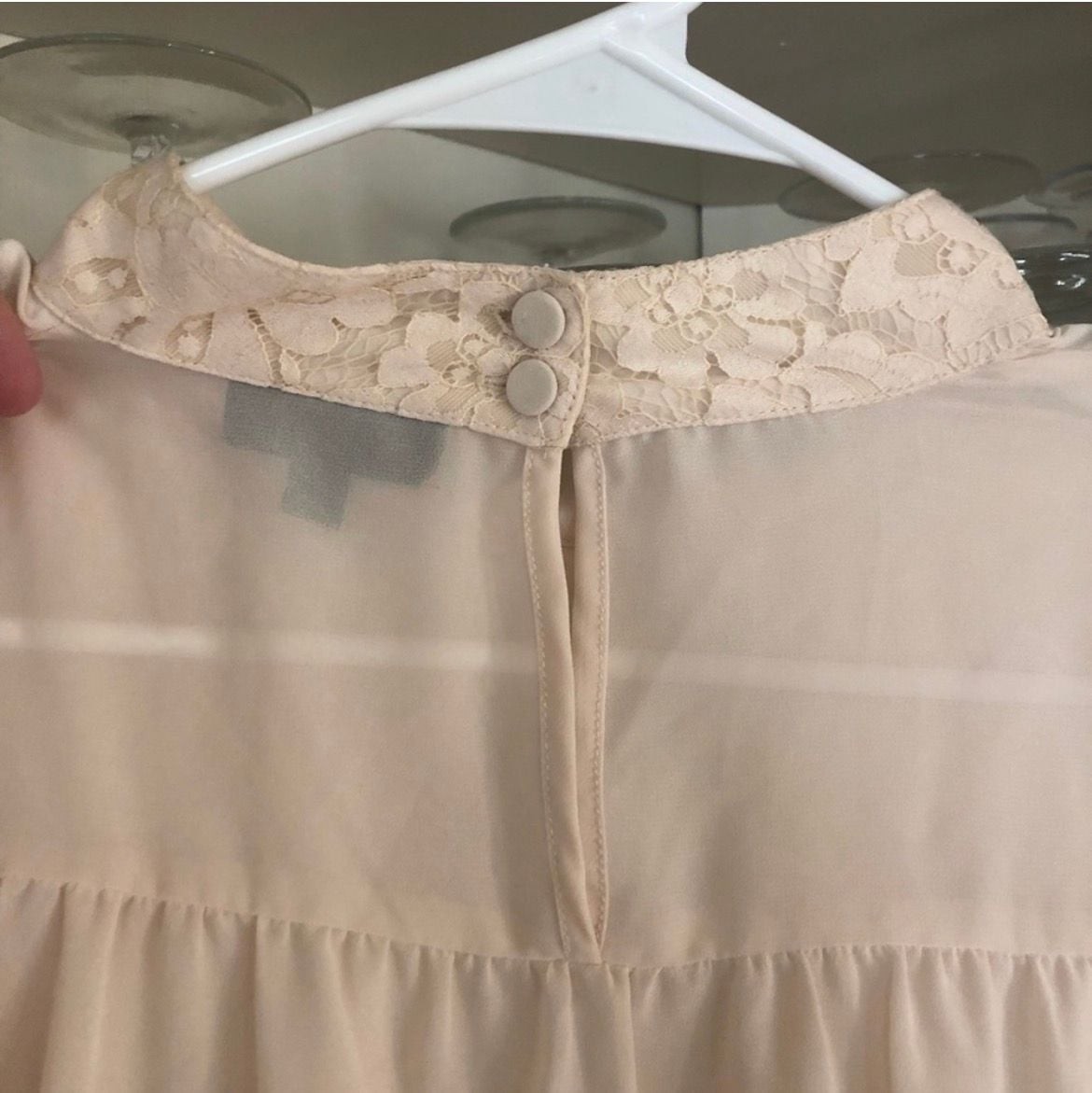 Topshop Cream Chiffon Blouse with Lace Panel Inset and Button Cuffs