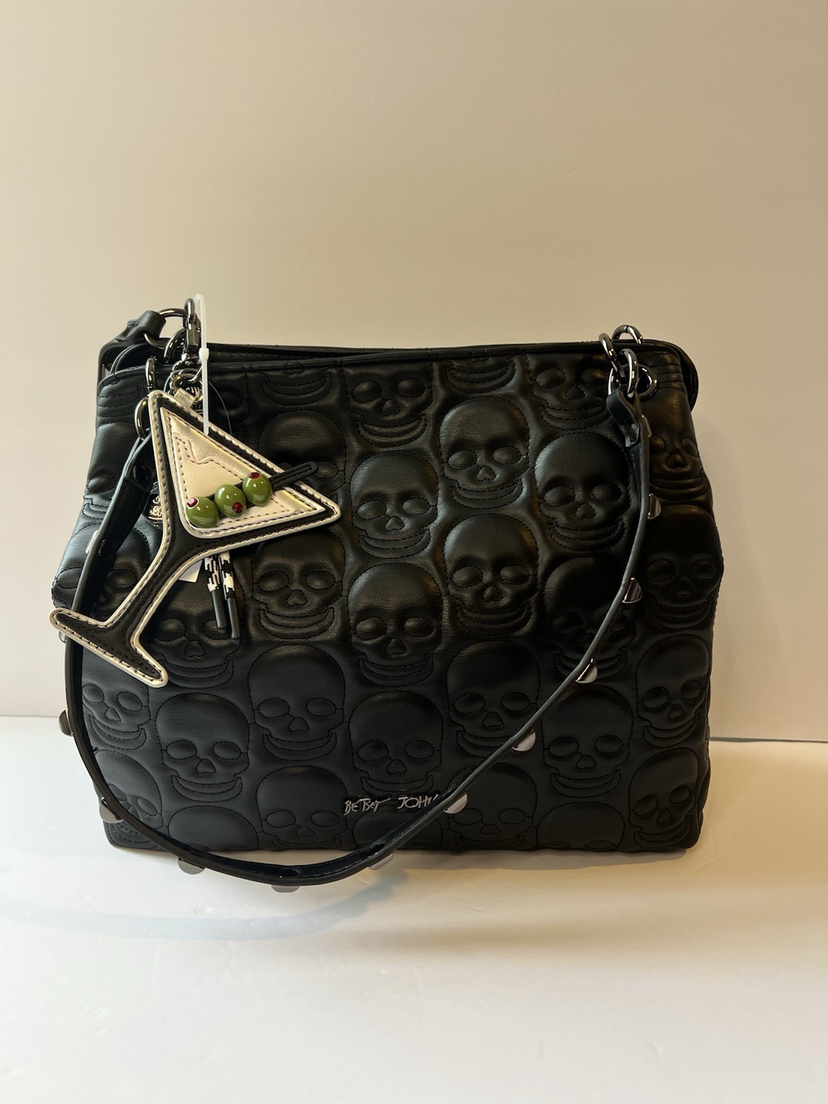 Betsey Johnson Black Skull Embossed Martini Studded Tote Bag New