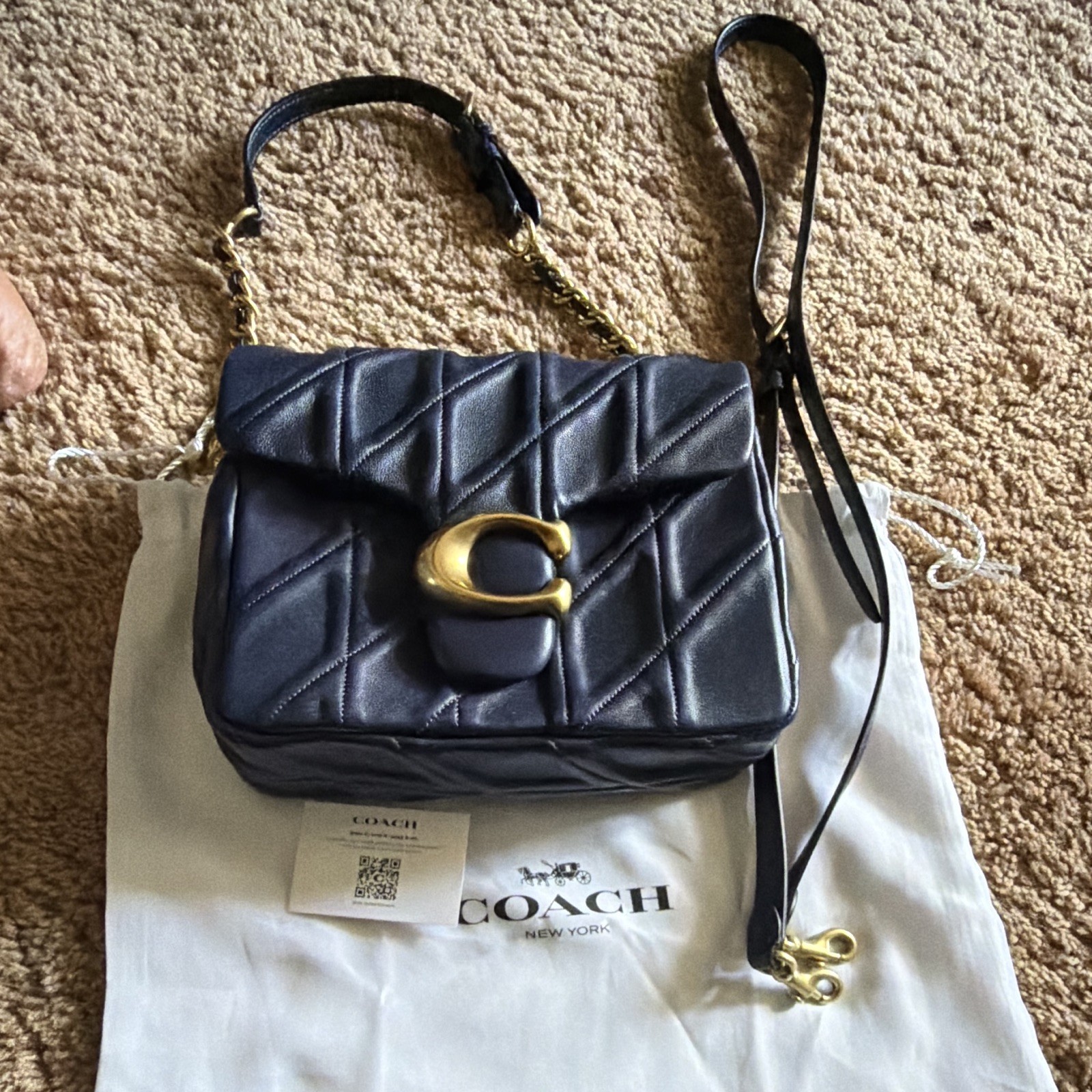 Coach Quilted Blue Crossbody Bag Gold Tone C Clasp Detachable Strap Dust Bag