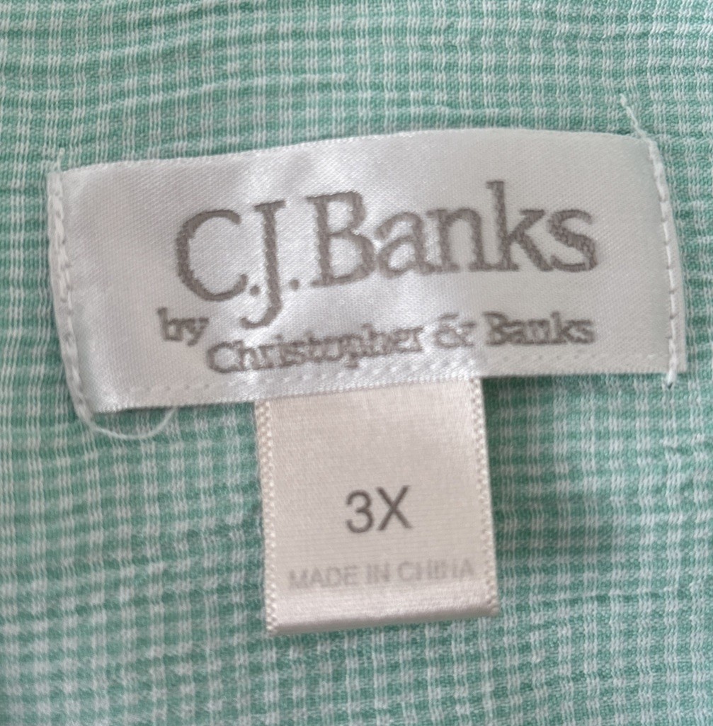 CJ Banks Blouse 3X Mint Green&White Check 3/4 Sleeves Button Down Casual READ!!!