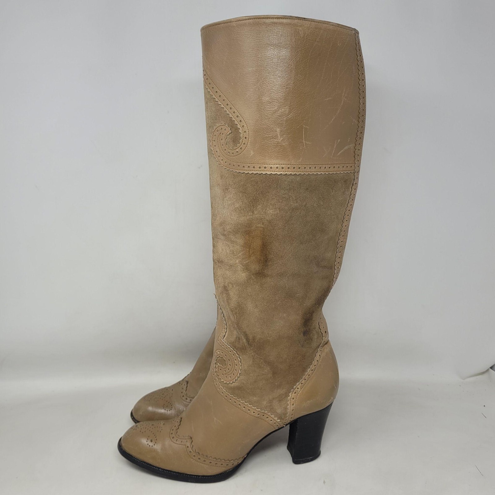 Vintage Yves Saint Laurent Boots 7 Tan Leather Suede Russian Collection 1976 70s