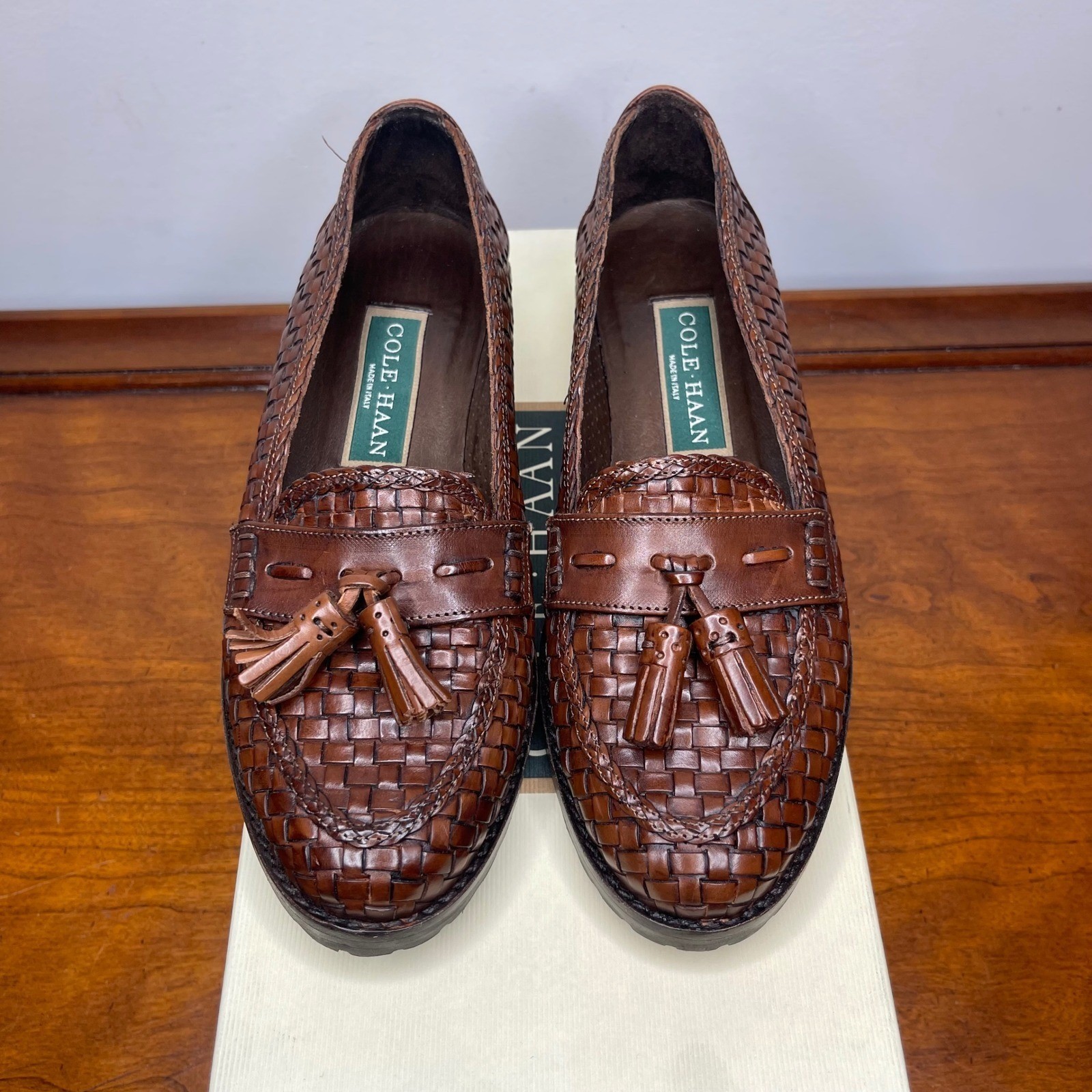 Vintage Italy Cole Haan Brina Linen Bone Woven Leather Tassel Loafers Brown 5.5B