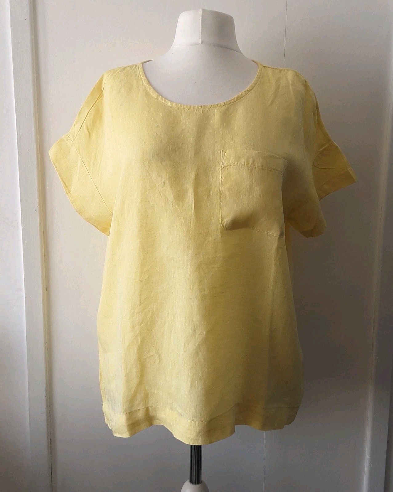 Lands End Linen Top Lemon Yellow Tunic Lightweight Short Sleeve Size L