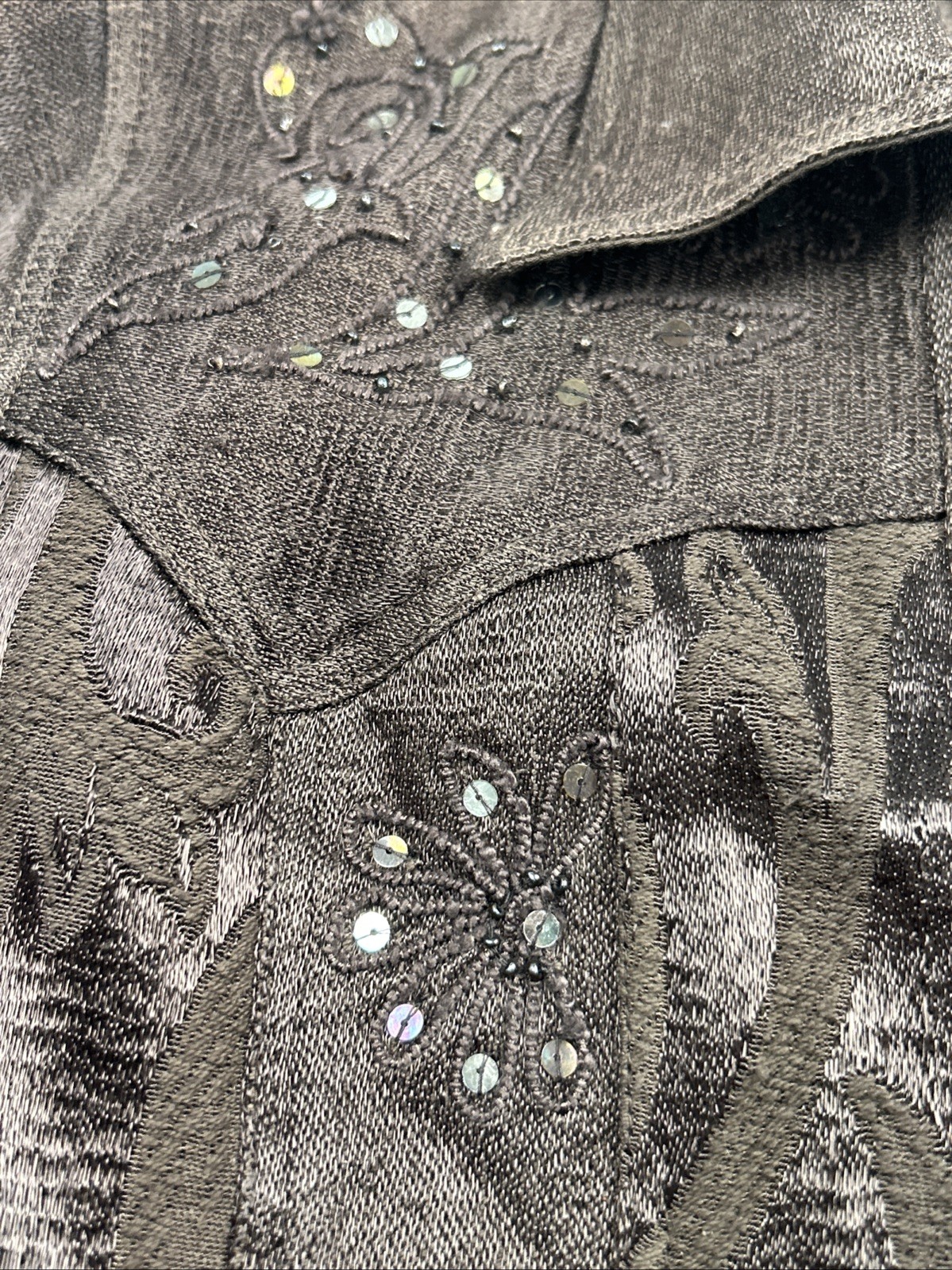 Flashback Couture Women’s Jacket Sz M Brown Embroidered Sequin Crochet Hem Boho