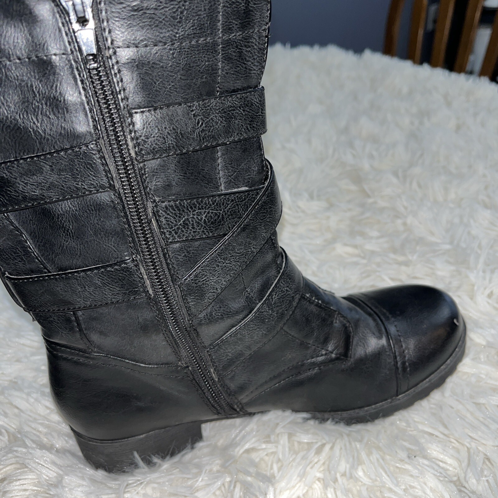G By Guess Moto Grunge Combat Full-Zip Boot Buckles Black Metal Embellished Sz6m