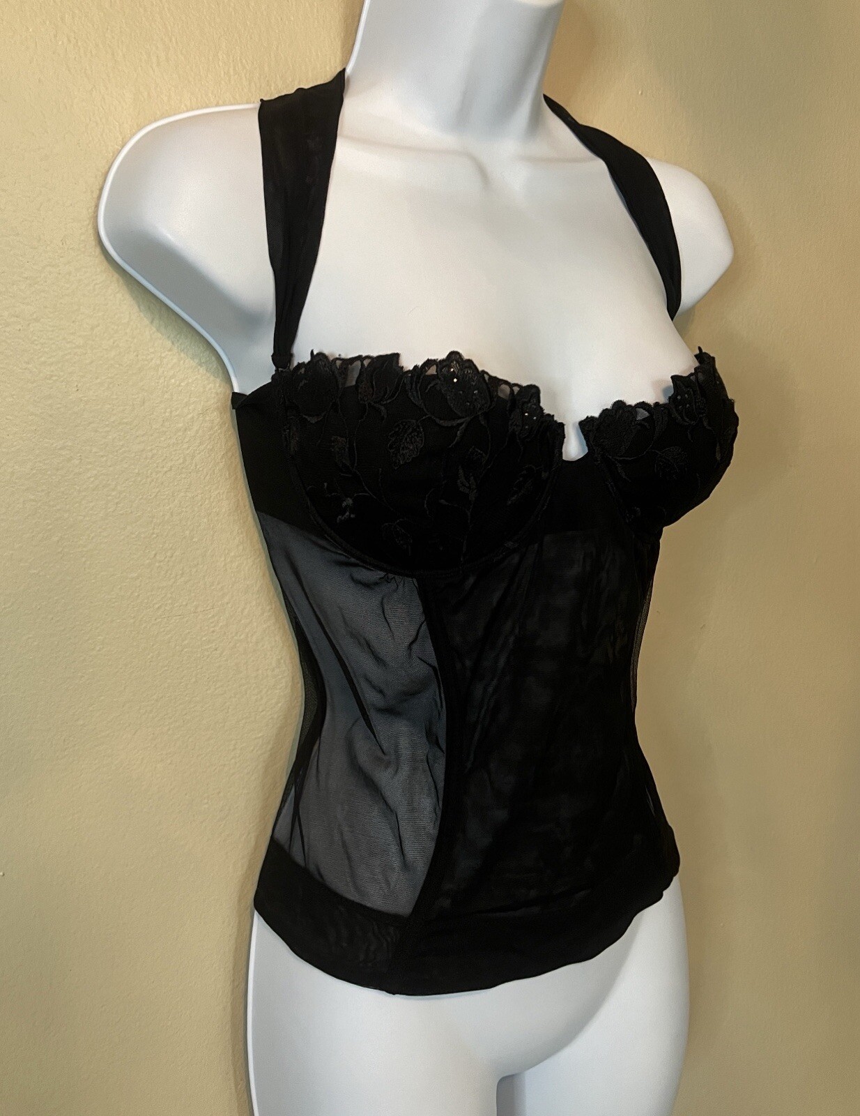 Vintage COSABELLA Italy RareY2K Black Mesh/Lace Bustier Removable Halter Strap M