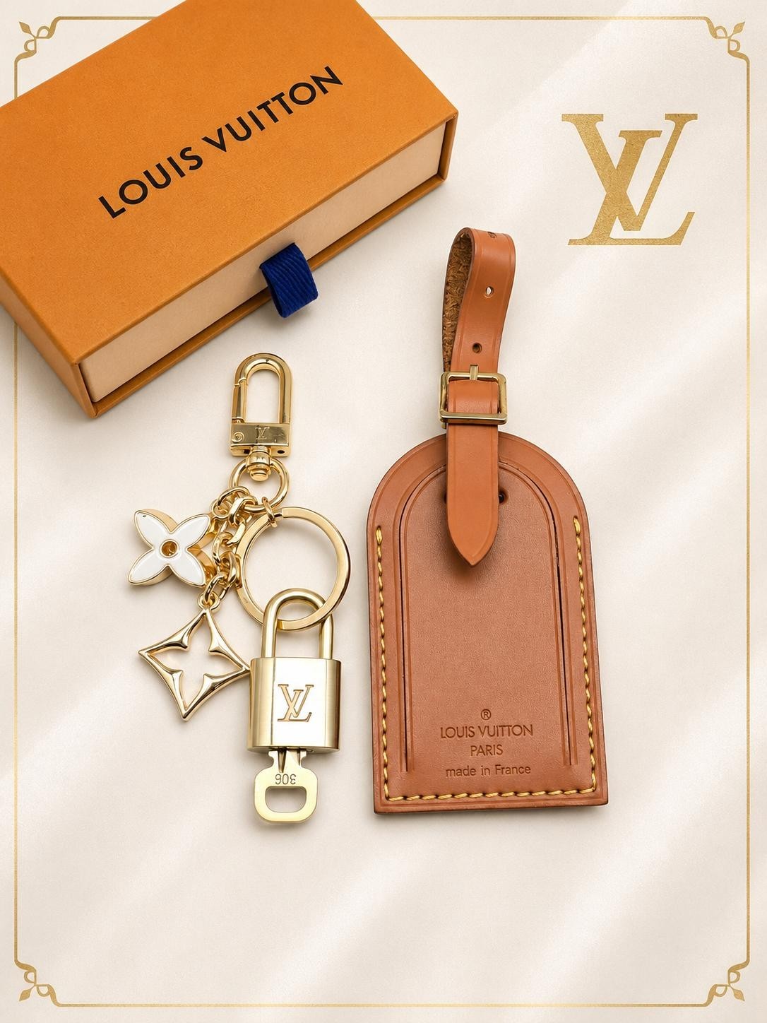Authentic Louis Vuitton Large Brown Luggage Tag Gold LV Padlock Key + Bag Charm