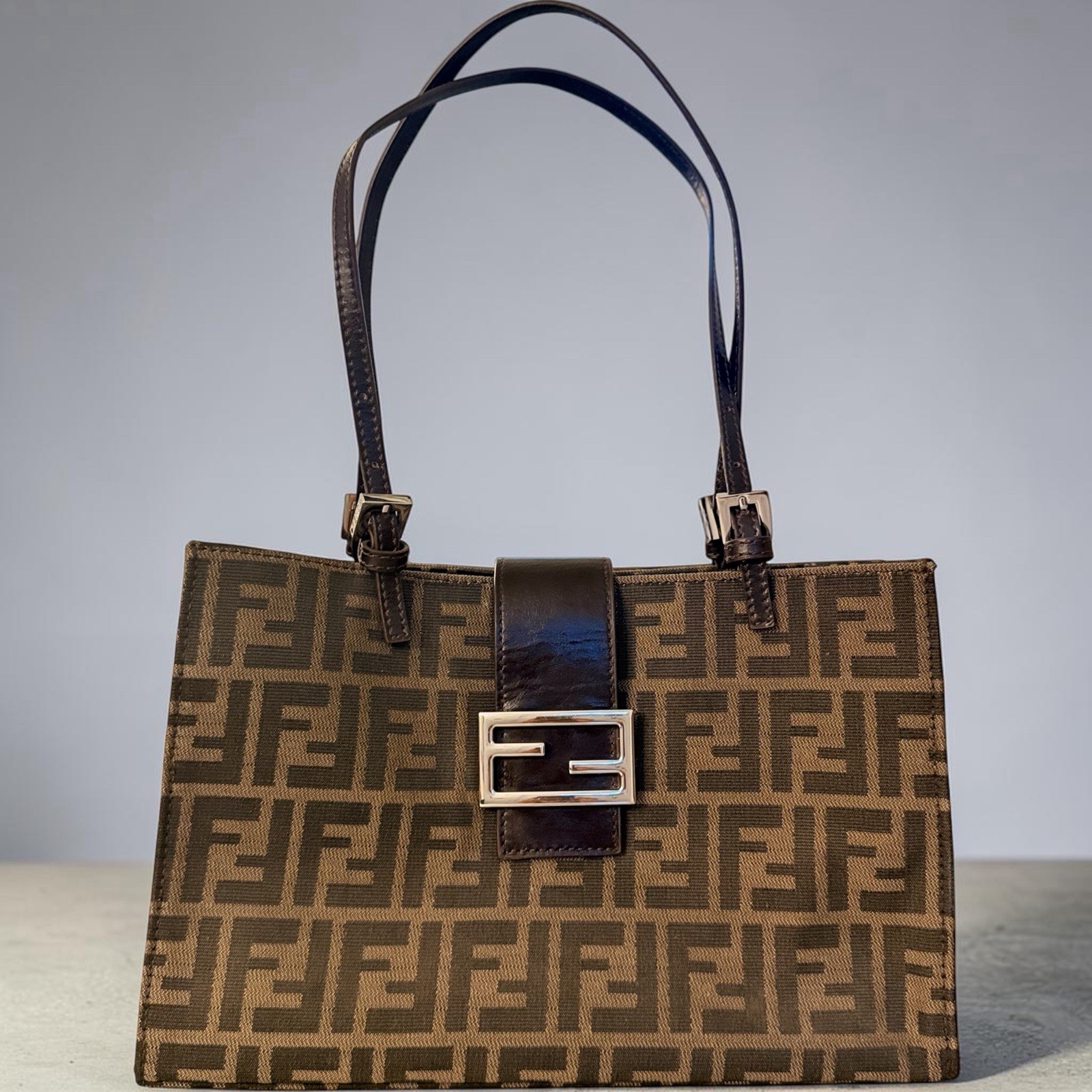 Fendi Zucca FF Monogram Brown Tote Bag Silver Hardware Magnetic Closure Pockets