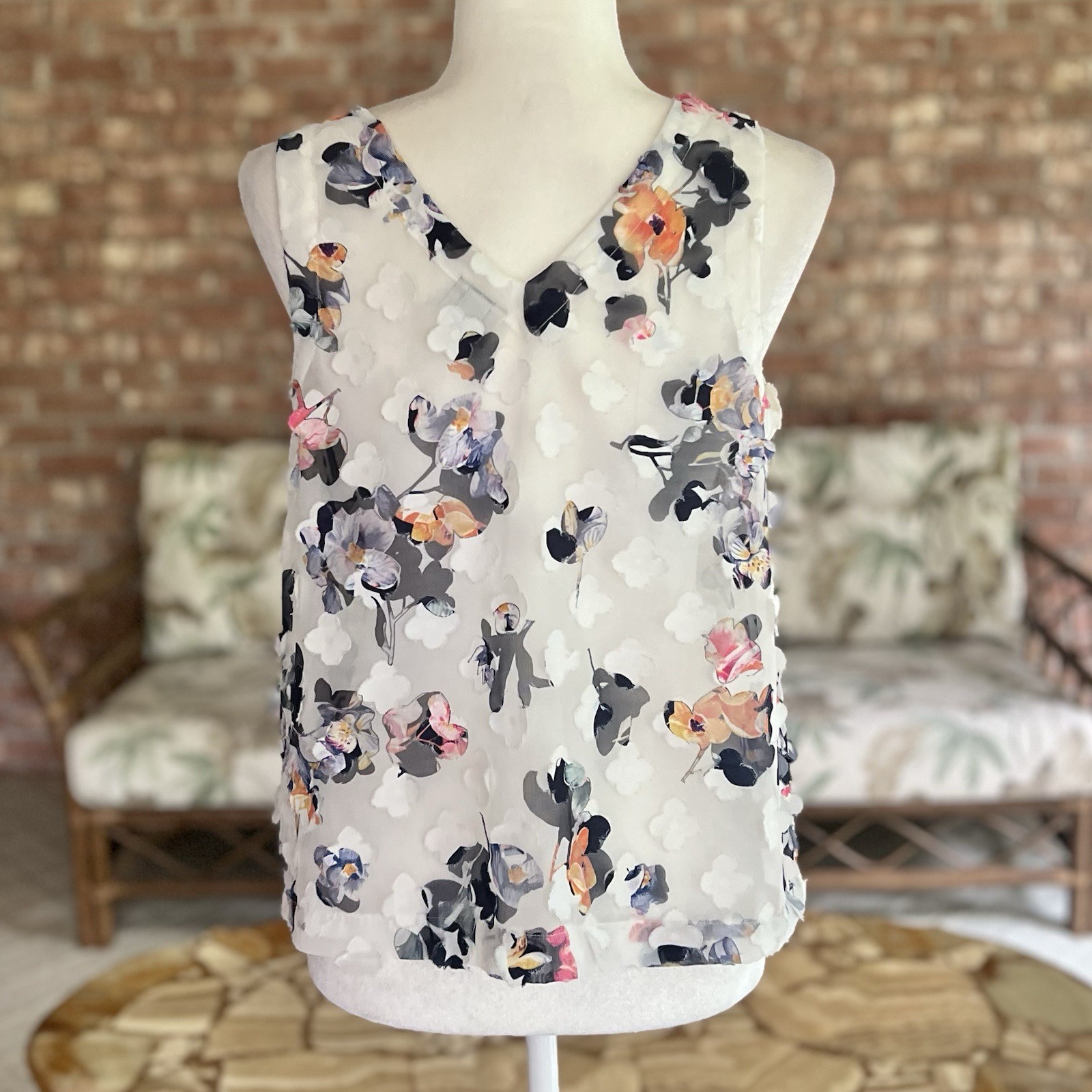 A New Day Women’s White Blue Floral 3D Applique Sheer Tank Top M Fairycore