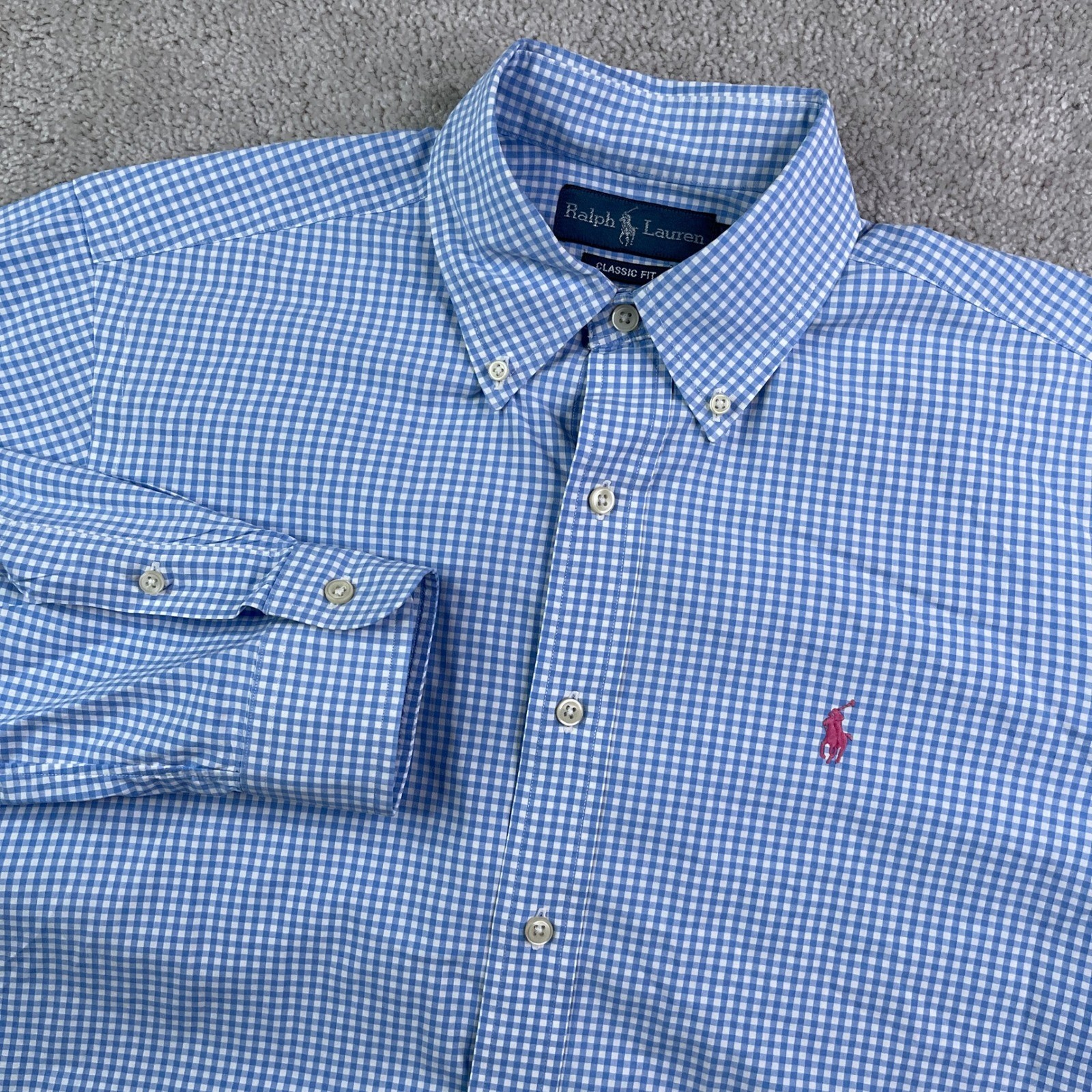 Ralph Lauren Shirt Mens Medium Blue Gingham Classic Fit Button Down Pony Logo