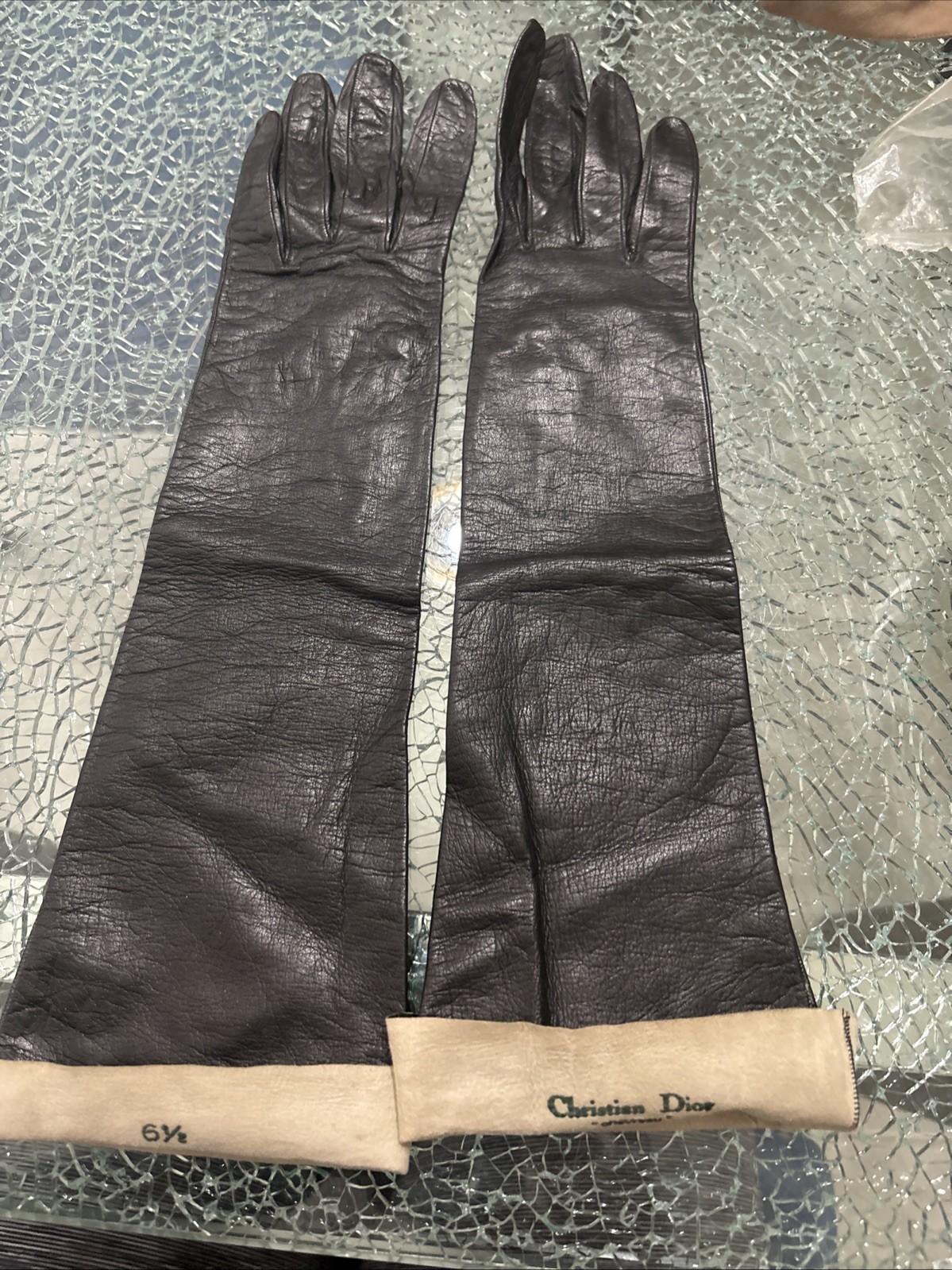 Vintage CHRISTIAN DIOR Long Gloves – Size 6½ – Black Leather – 15 In Length