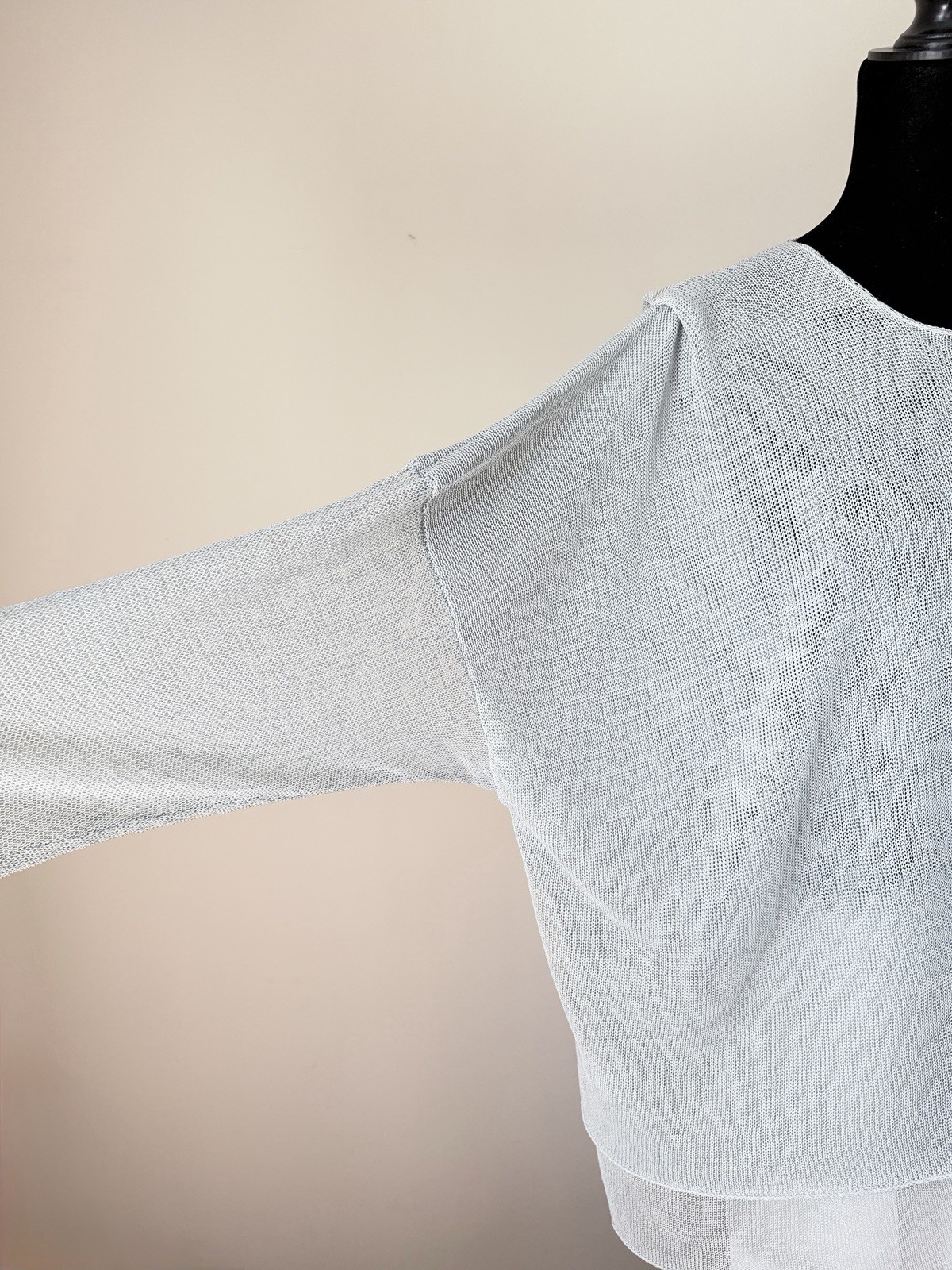 Eskandar Open Knit Sweater Pleated Shoulder Soft Sage Blue Layered Linen Blend