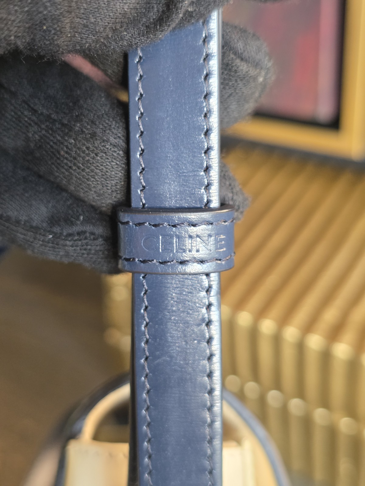 Celine Nano Triomphe Bag in Shiny Calfskin – Navy Blue/Vanilla