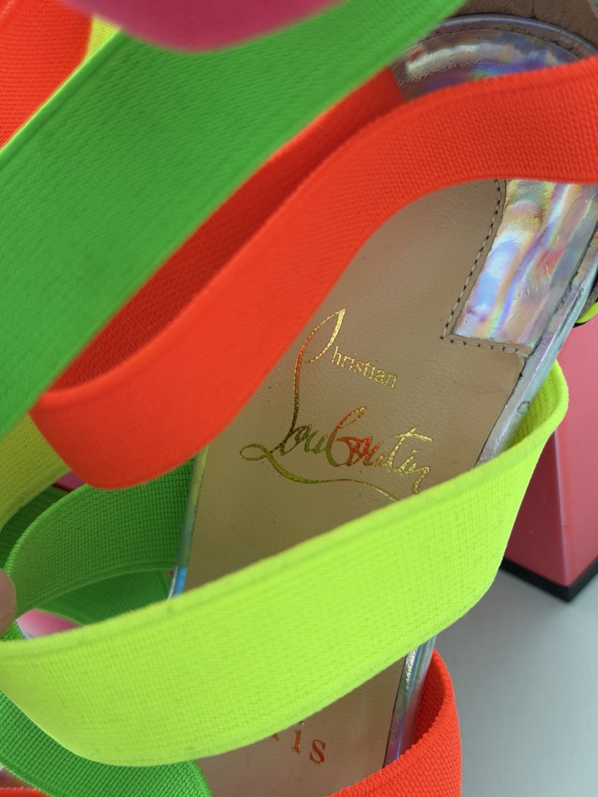 Christian Louboutin Neon Multicolor Striped Strappy Open Toe Block Heel Sandals
