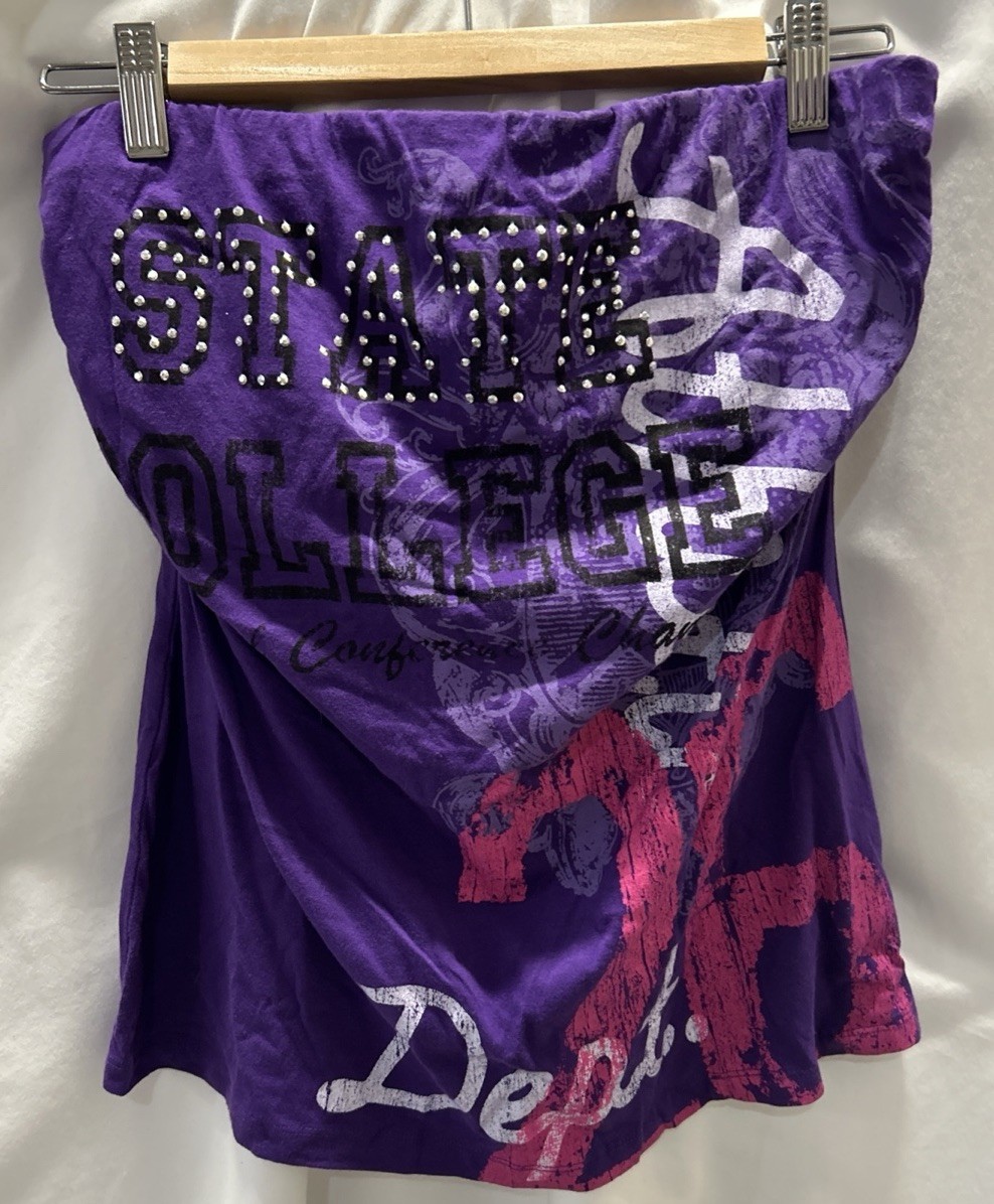 Y2K F.A.N.G Tube Top Sz 1 XL Purple Graphic “State College Athletic Dept” Bling