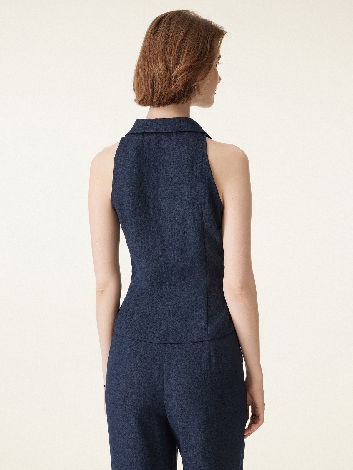 OGL Collared V-neck Pleated Sleeveless Top with Drawstring