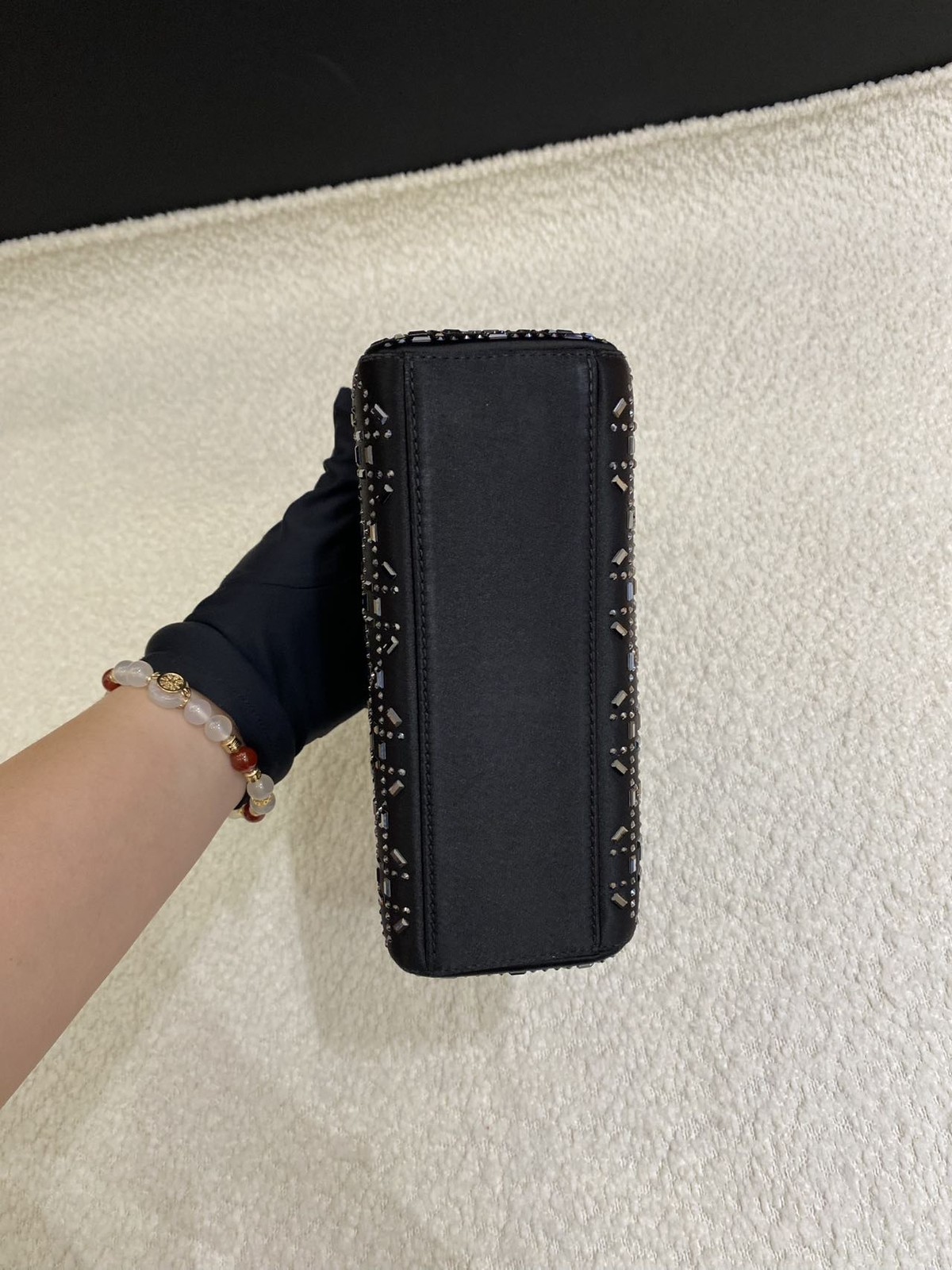 Dior Lady Dior Mini Black Satin Rhinestone 3-Grid Top Handle Bag Duty Paid