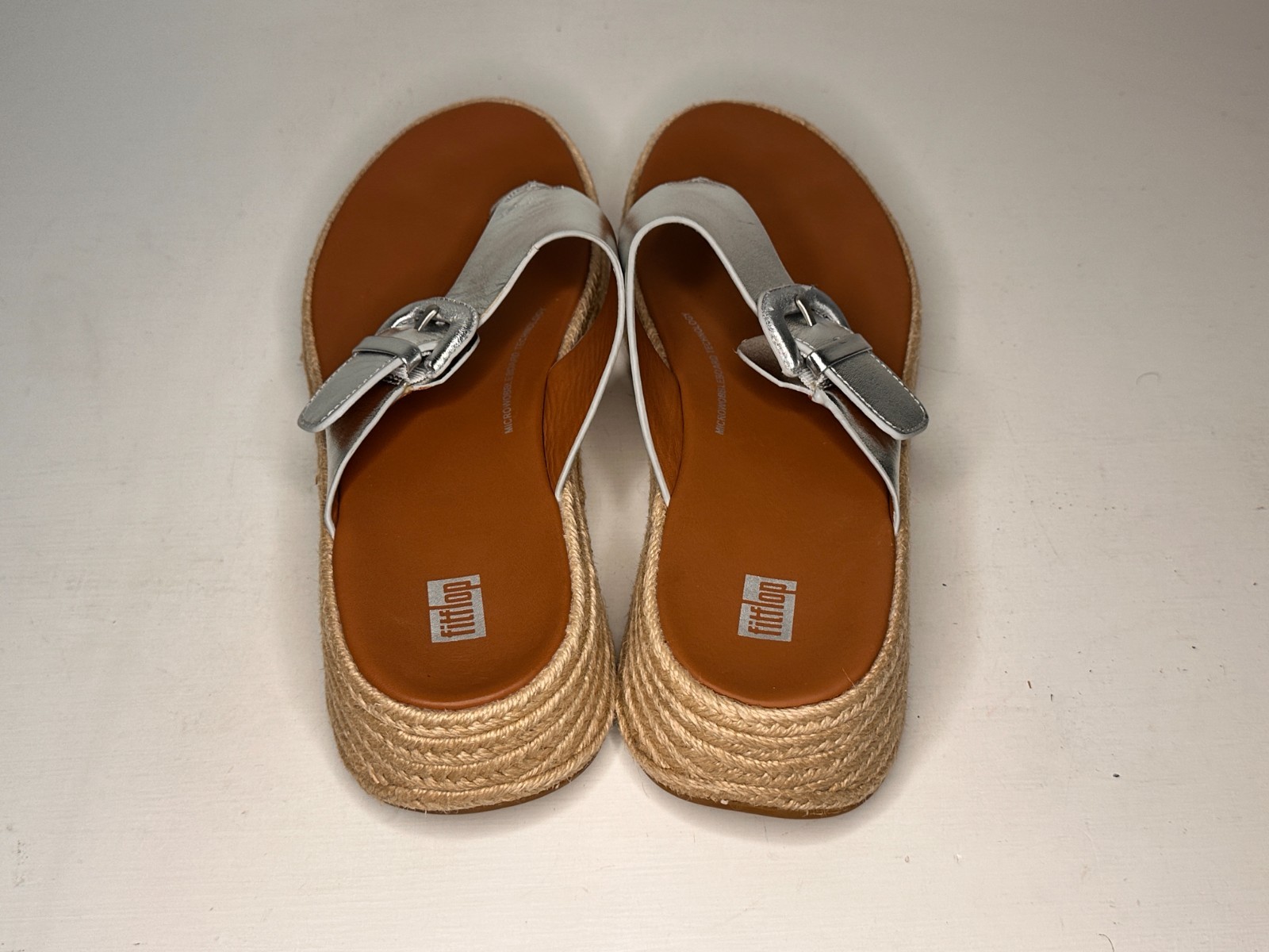 FitFlop F-Mode Silver T Strap Espadrille Toning Sandals Women Size 10