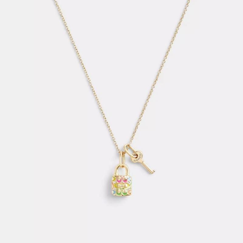 NWT Coach Signature Rainbow Padlock Lock Key Necklace Gold Tone