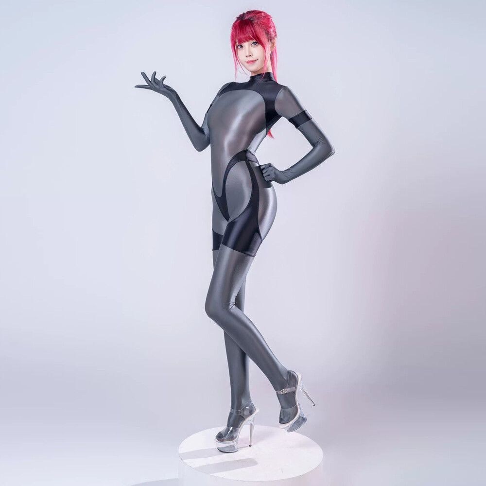 Women Sexy Shiny Jumpsuit Clubwear Gloves Catsuit Party One Piece Satin Bodysuit