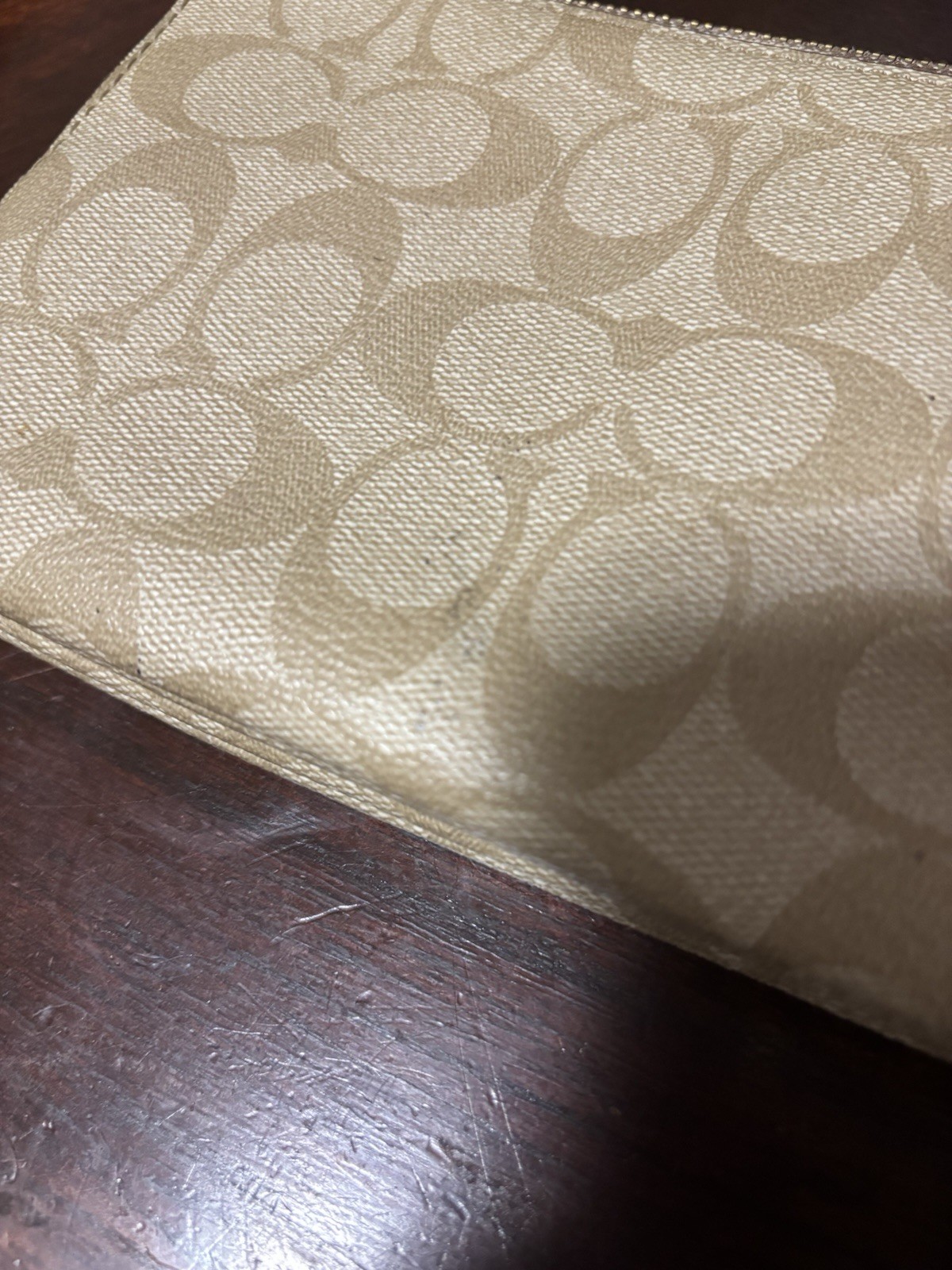 Coach Beige Signature Logo Wristlet Wallet Zip Top with Wrist Strap