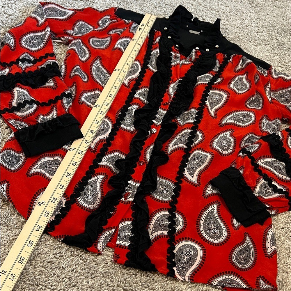 Dodo Bar Or Red Black Paisley Silk Blouse 40 6/8 designer studded ruffle top