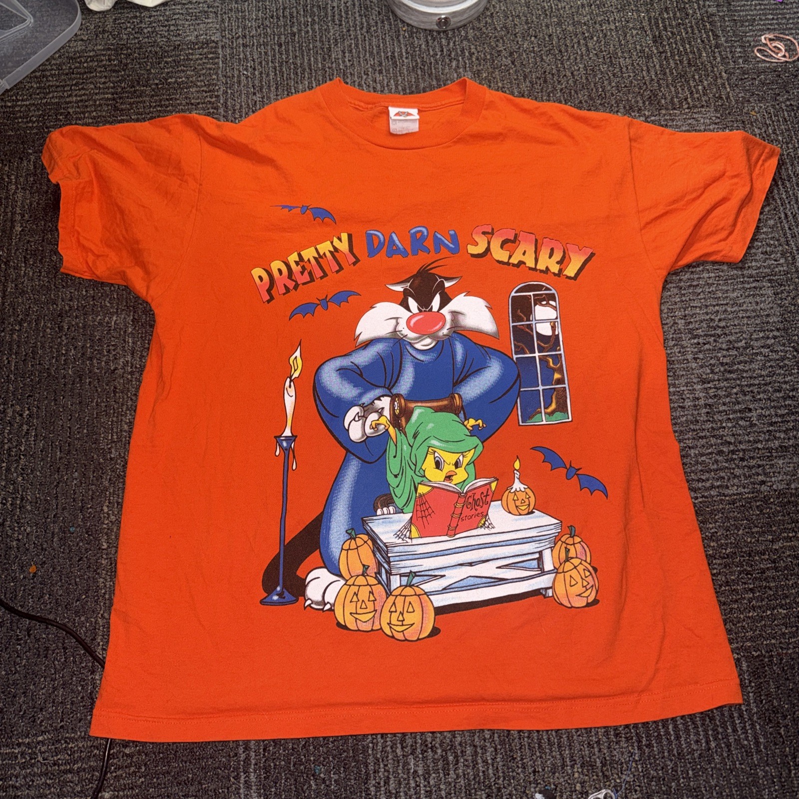 Vintage Looney Tunes Sylvester Tweety Halloween Shirt 1998 Orange Large