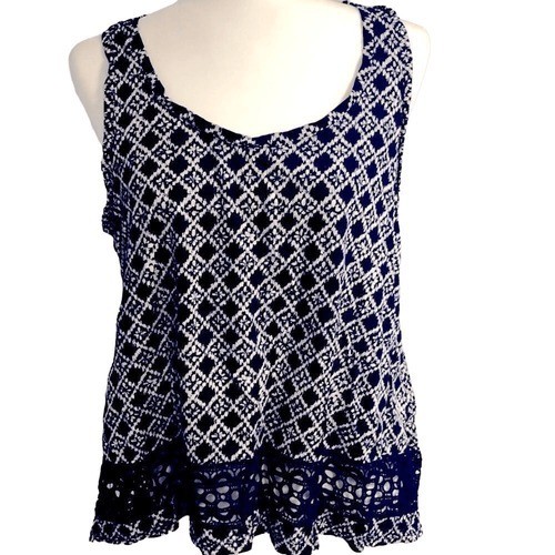 Ann Taylor Loft Navy 100% Cotton Argyle Crochet Accent Tank Top SZ L EUC