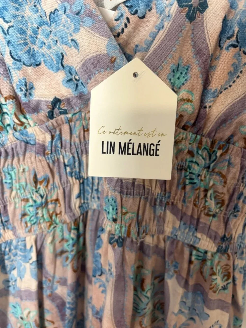 Monteau Los Angeles Linen Blend Maxi Dress Small NWT Blue Floral Smocked Pockets