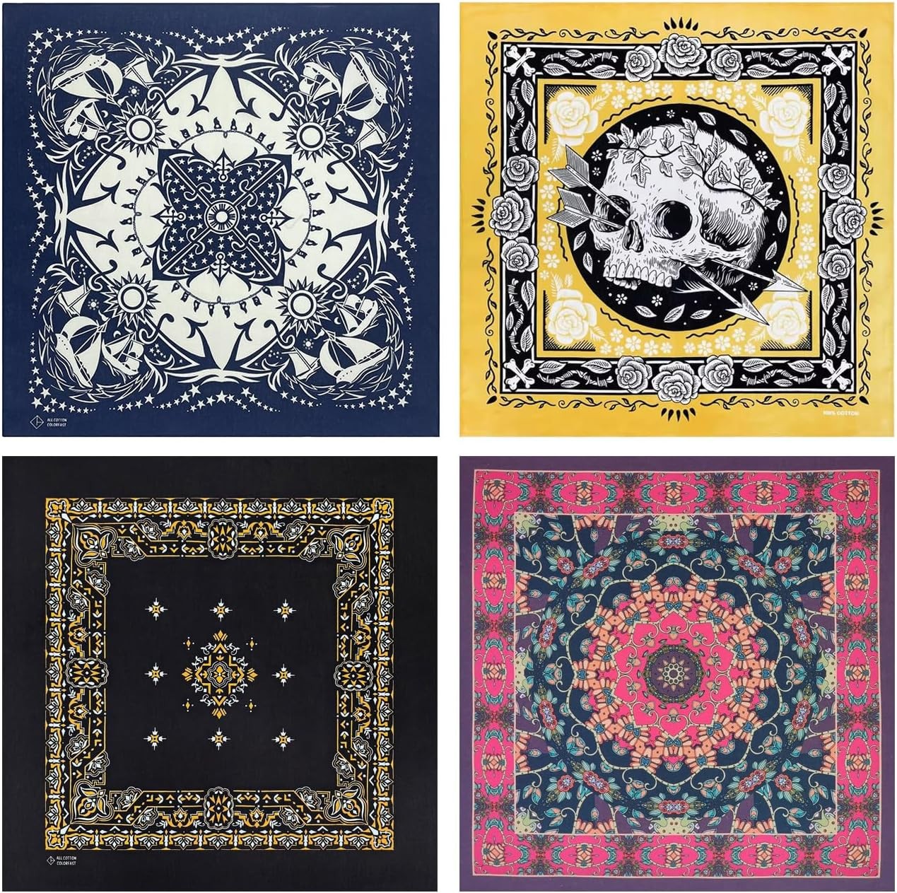 4-Pack 100% Cotton Bandana Set, Vintage Graphic Print, 22×22 inches