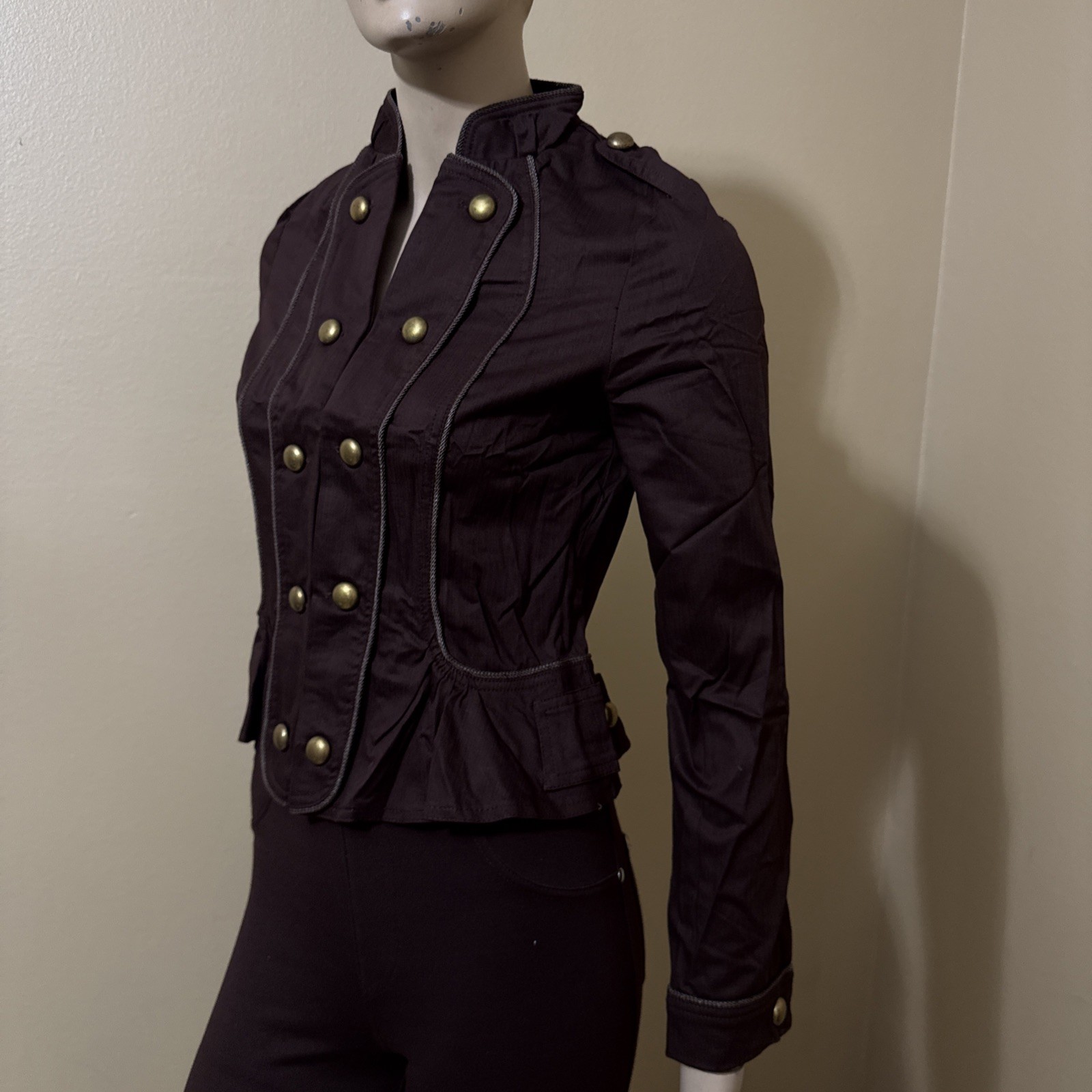 Women’s Brown Cotton Casual Stretch Slim Unlined Metal Button Hook Size S Jacket